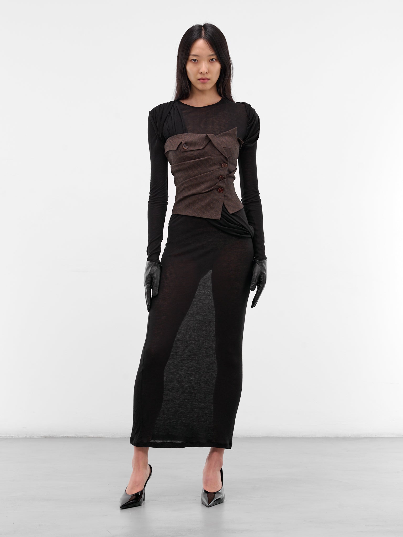 layered drape dress Jelani Layered Mesh High-Slit Drape Maxi Dress