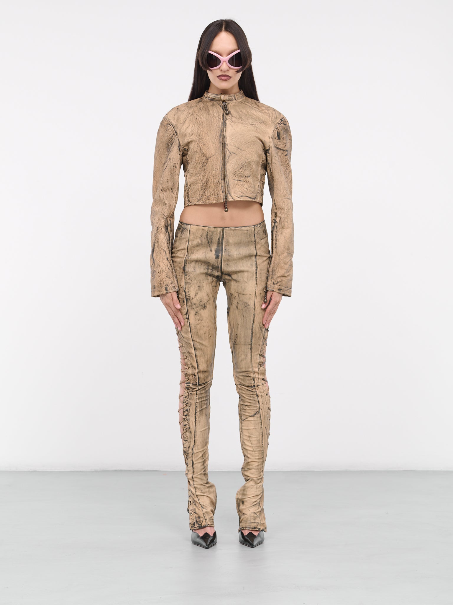 Painted Leather Biker Jacket (LEAT000308-BEIGE-GREEN)