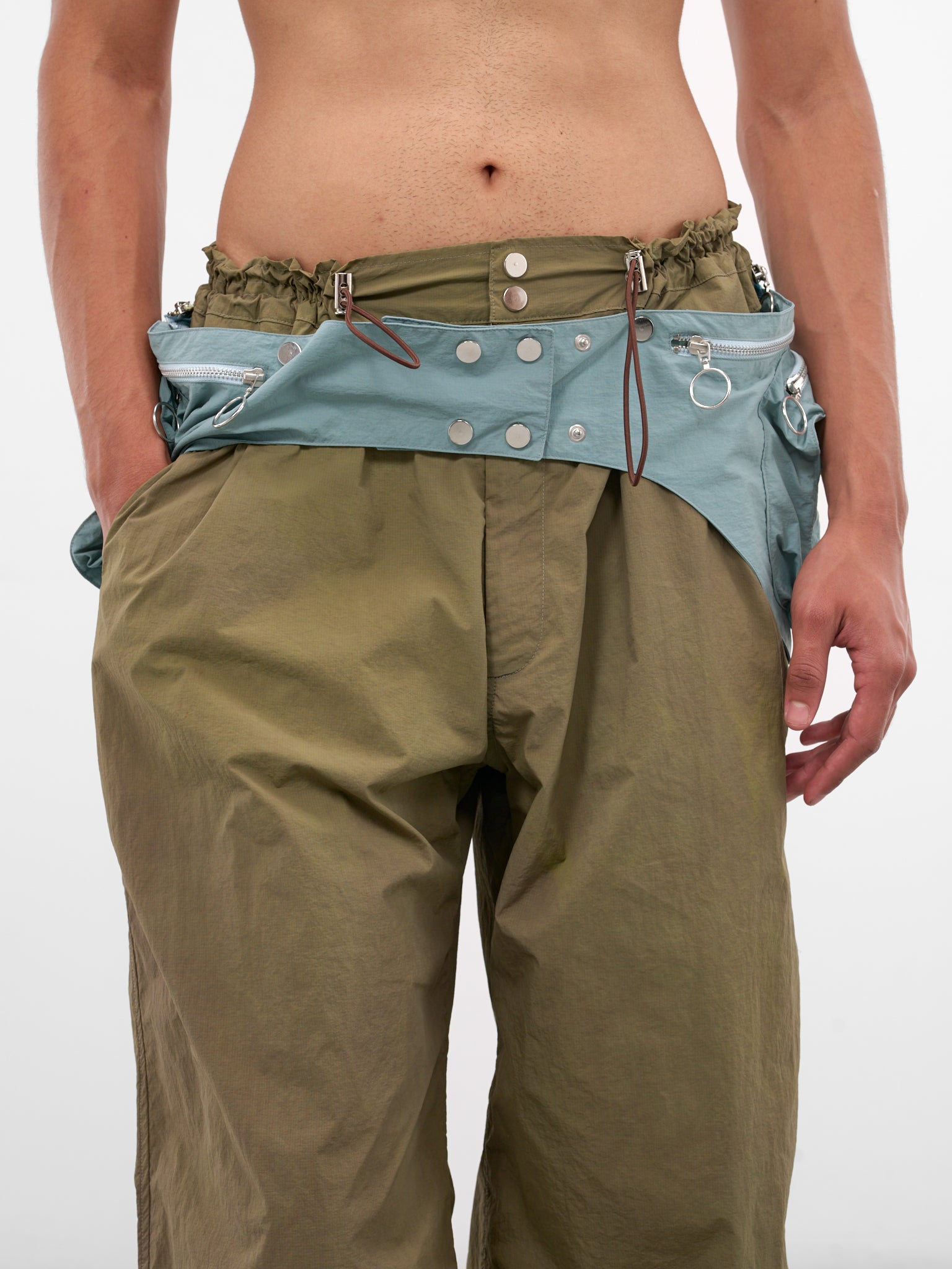 Olive Nylon Utility Wrap Trousers (TRS-UTILWRAP-OLIVE-TURQUOISE)