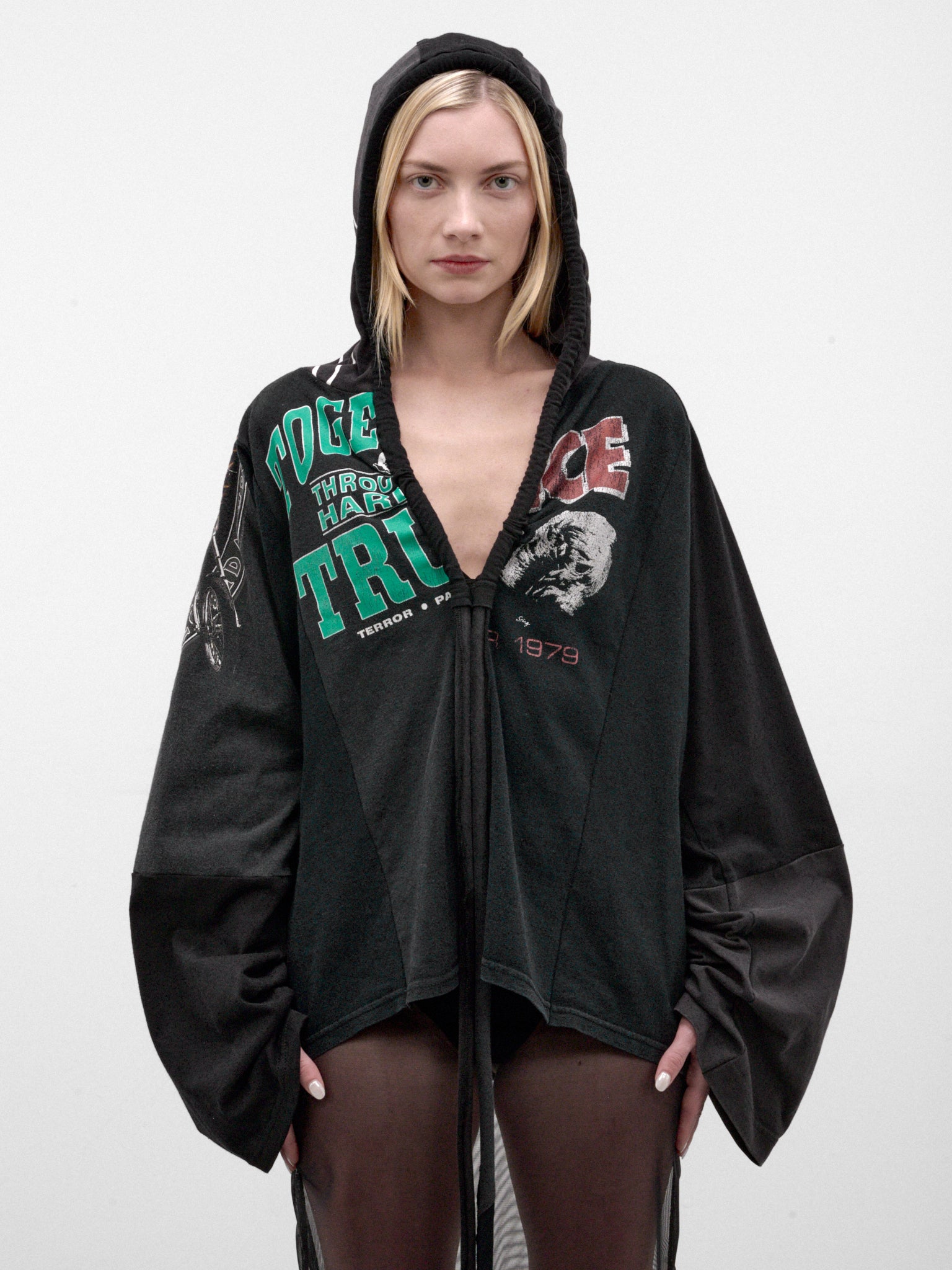 Black Oversized Reconstructed Graphic Hoodie (TS-HOODIE-BLACK-MULTI)