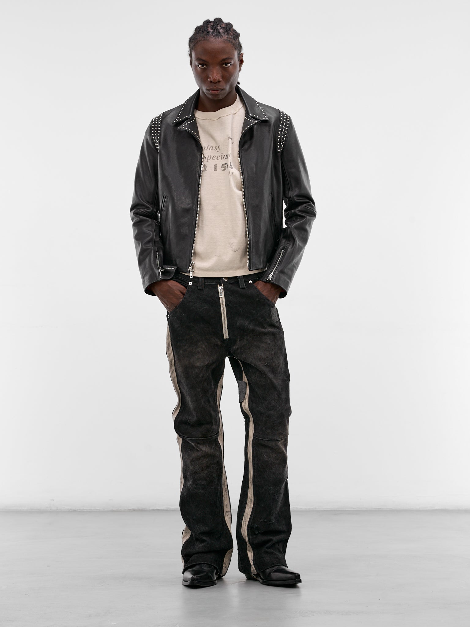 Mailbag Patchwork Western Flare Pants (SEK-FW25-PNT11-BLACK-MAILBAG)