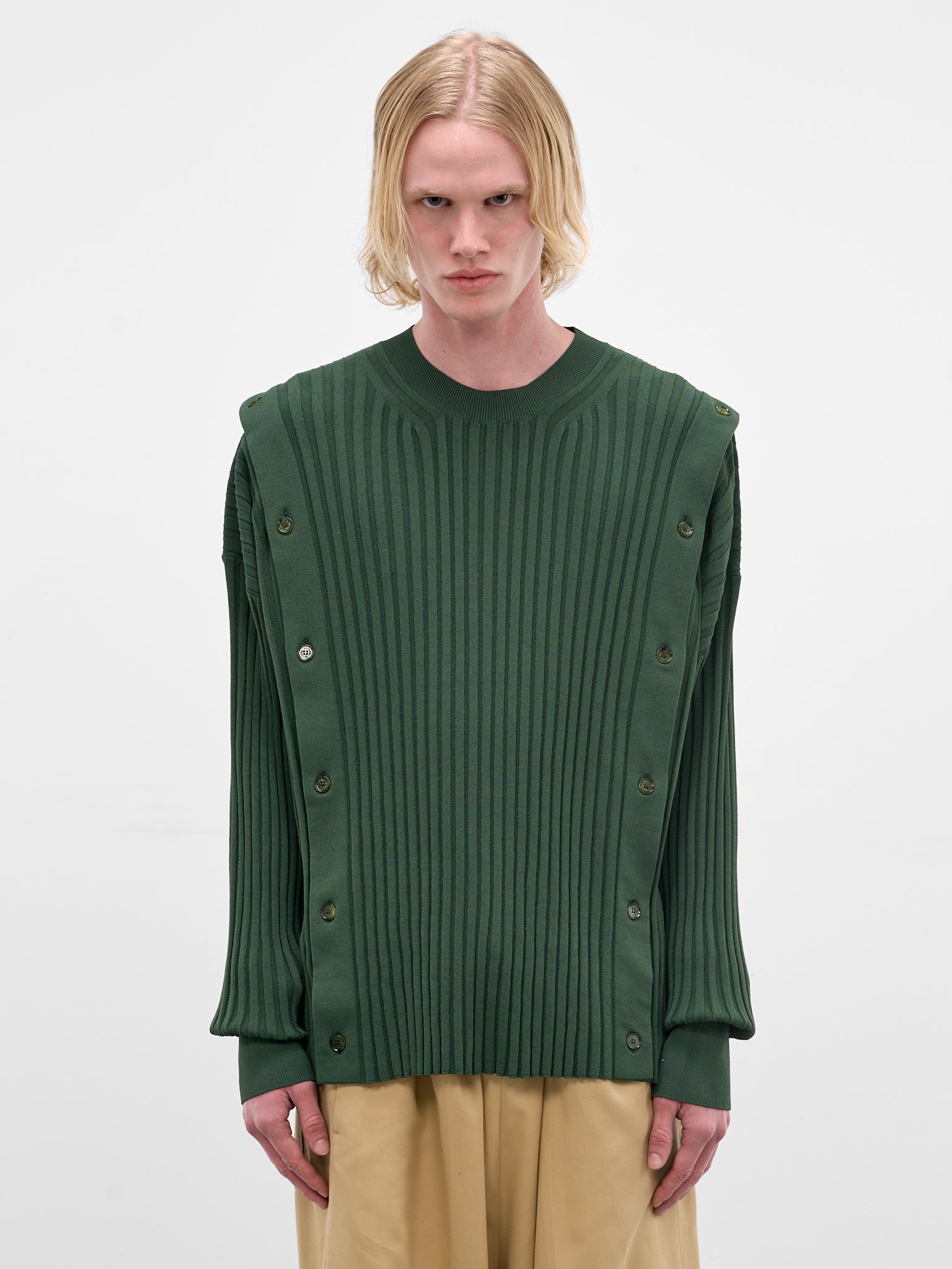Green Rib-Knit Buttoned Sweater (U241-Y003-V002-SAFARI-GREEN)