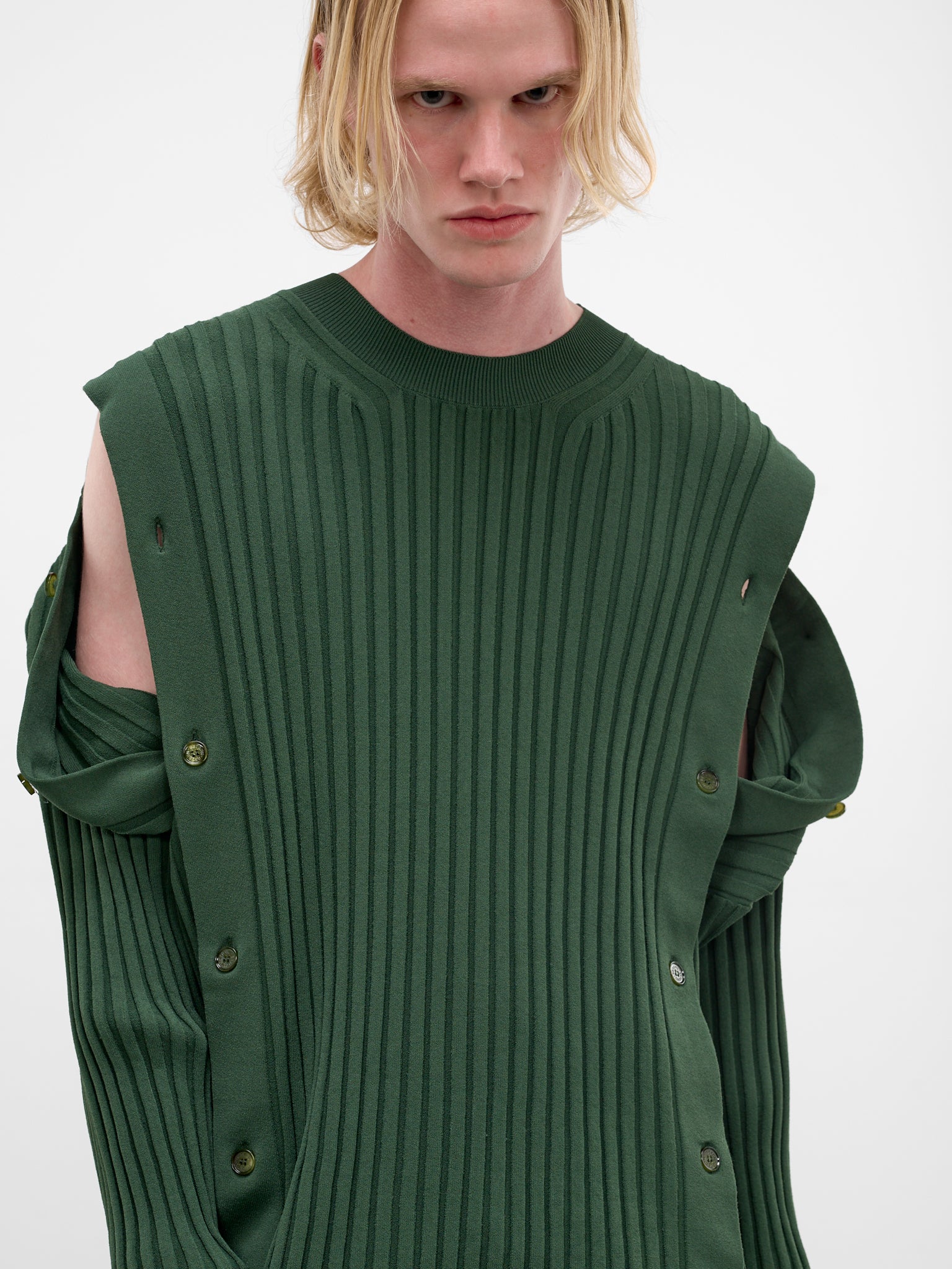 Green Rib-Knit Buttoned Sweater (U241-Y003-V002-SAFARI-GREEN)