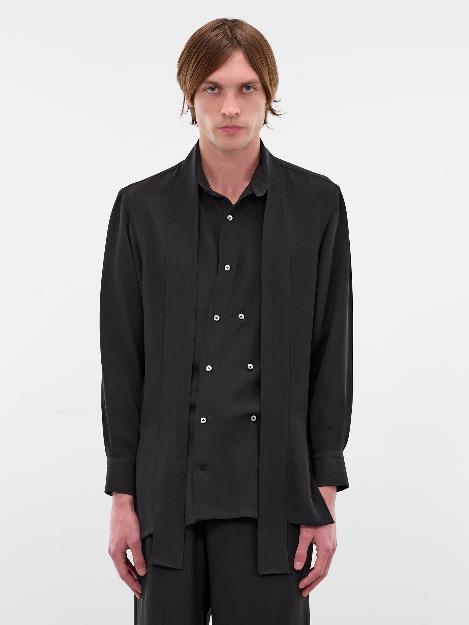 Black Silk Kimono Button-Up Shirt (U252-H014-S023-BLACK)
