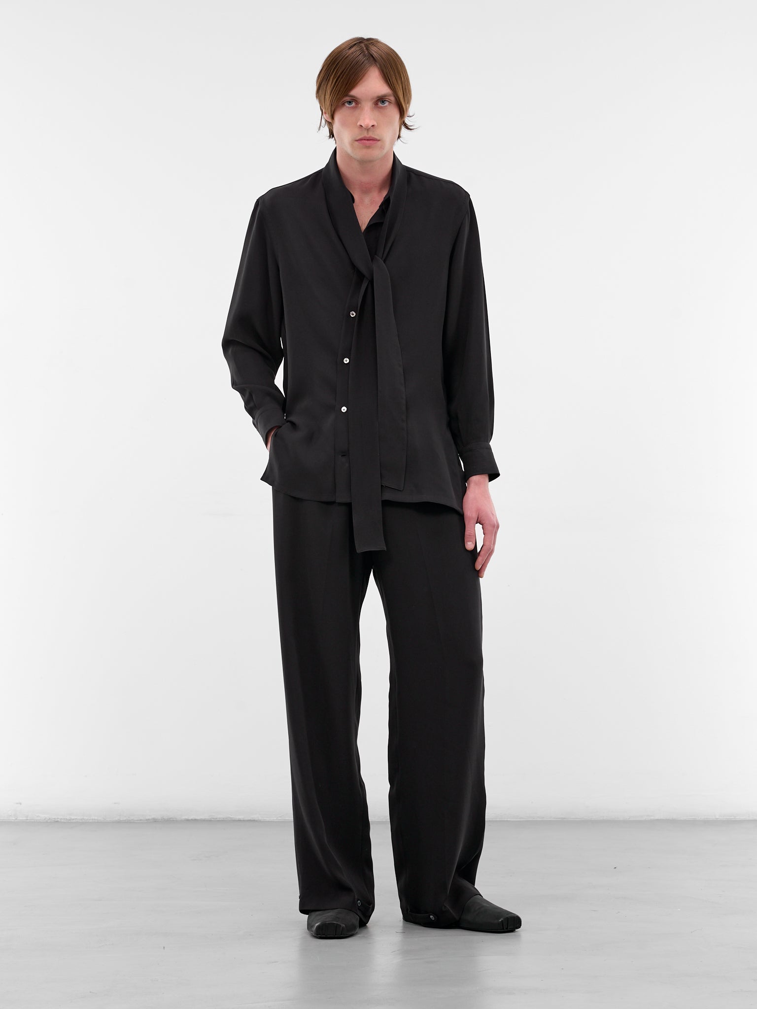 Black Silk Kimono Button-Up Shirt (U252-H014-S023-BLACK)