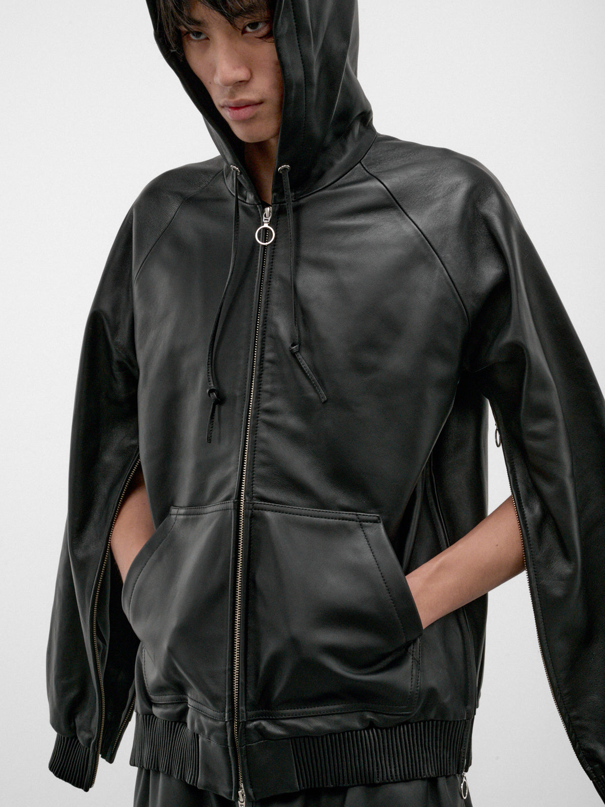 Black Lamb Leather Zip Hoodie (U262-T048-L005-BLACK)