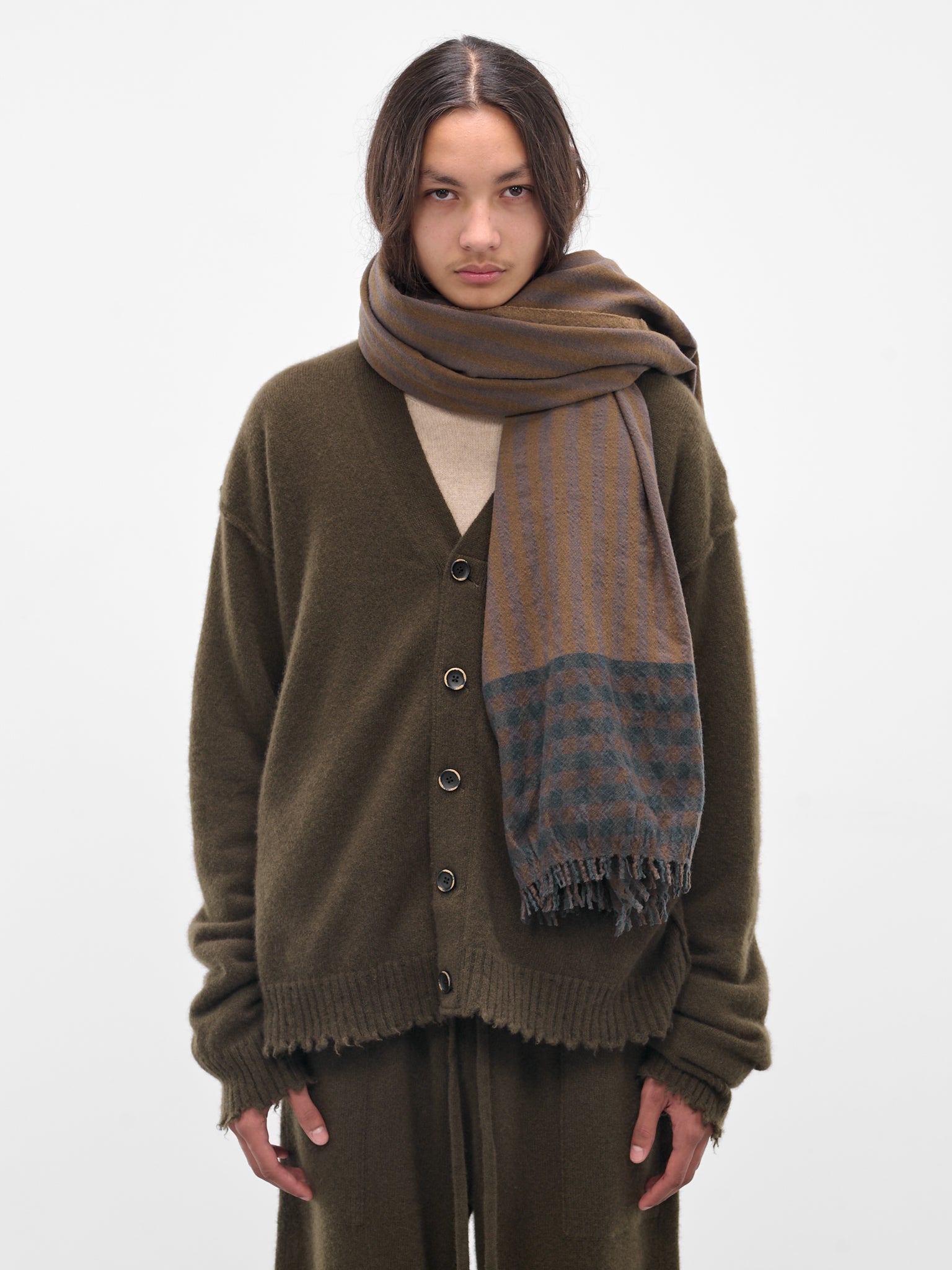 Brown Striped Wide Wool Scarf (UA0243-UW063-BROWN-BLUE)