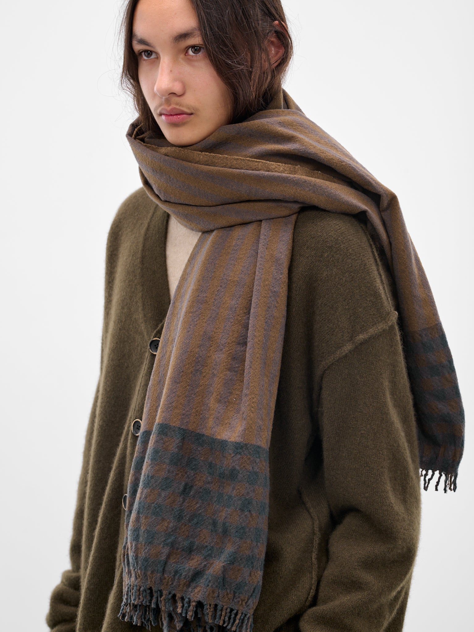 Brown Striped Wide Wool Scarf (UA0243-UW063-BROWN-BLUE)