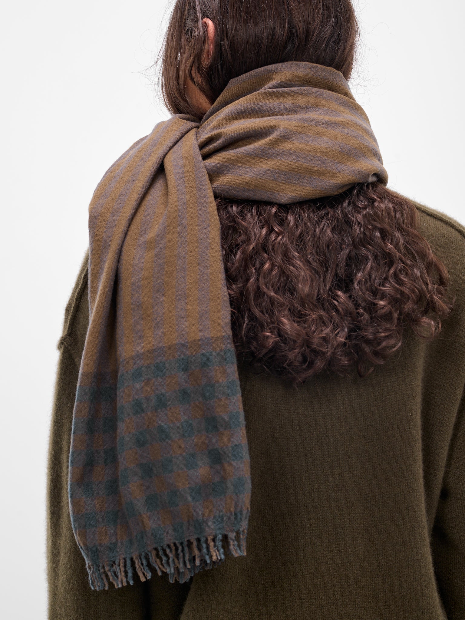 Brown Striped Wide Wool Scarf (UA0243-UW063-BROWN-BLUE)