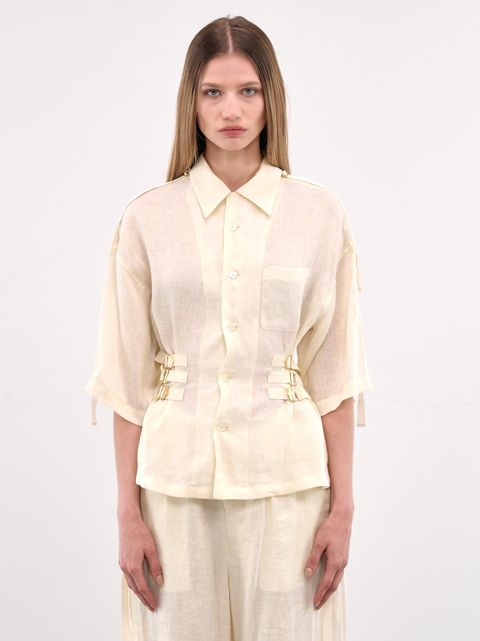 Cinch Strap Linen Blouse (UC1E1401-OFF-WHITE)