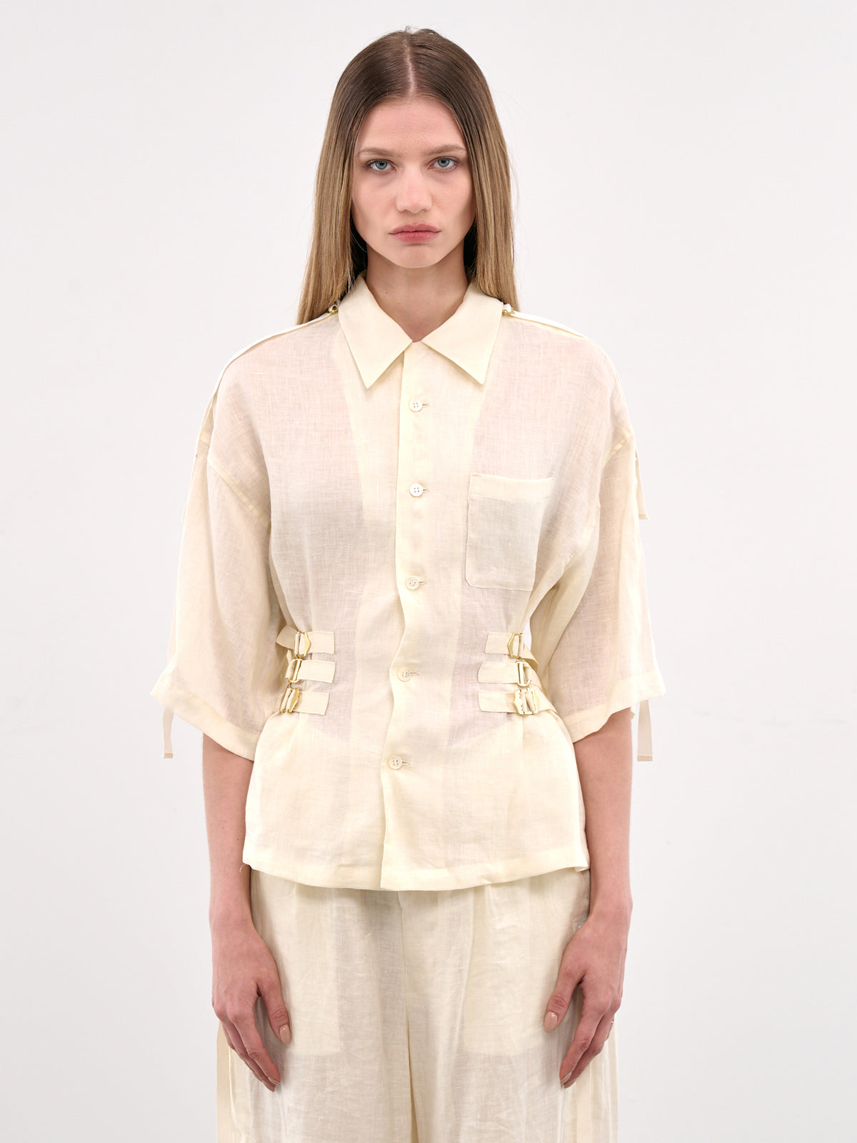 Cinch Strap Linen Blouse (UC1E1401-OFF-WHITE)