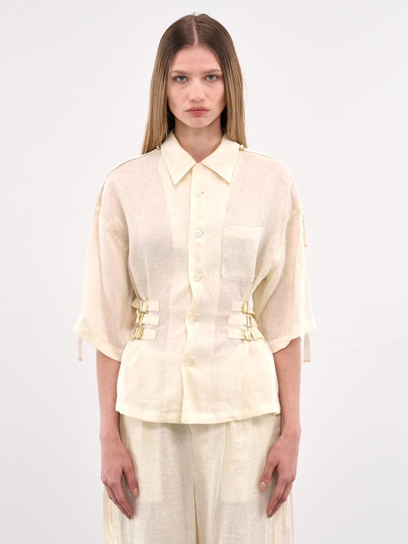Cinch Strap Linen Blouse (UC1E1401-OFF-WHITE)