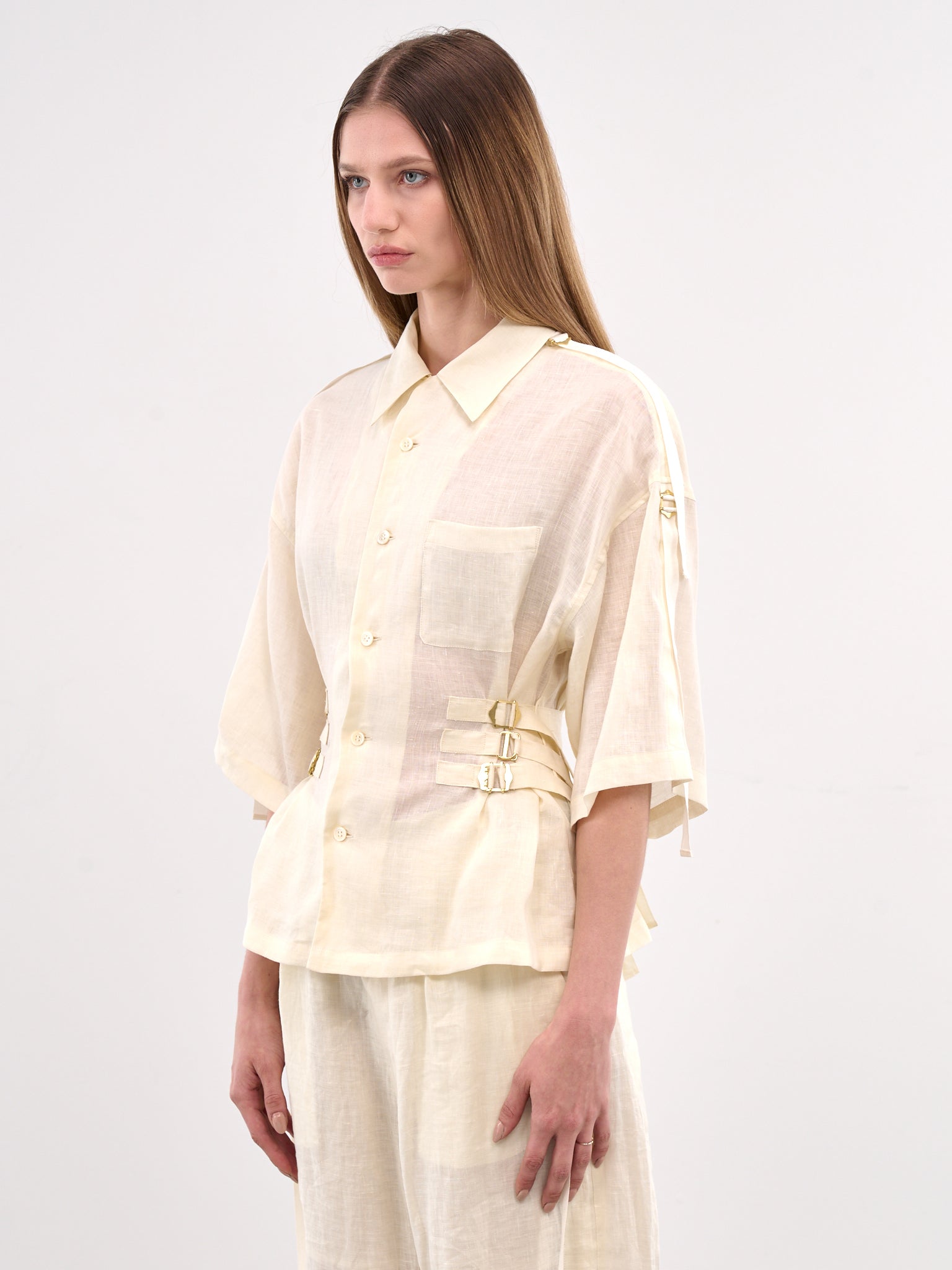 Cinch Strap Linen Blouse (UC1E1401-OFF-WHITE)