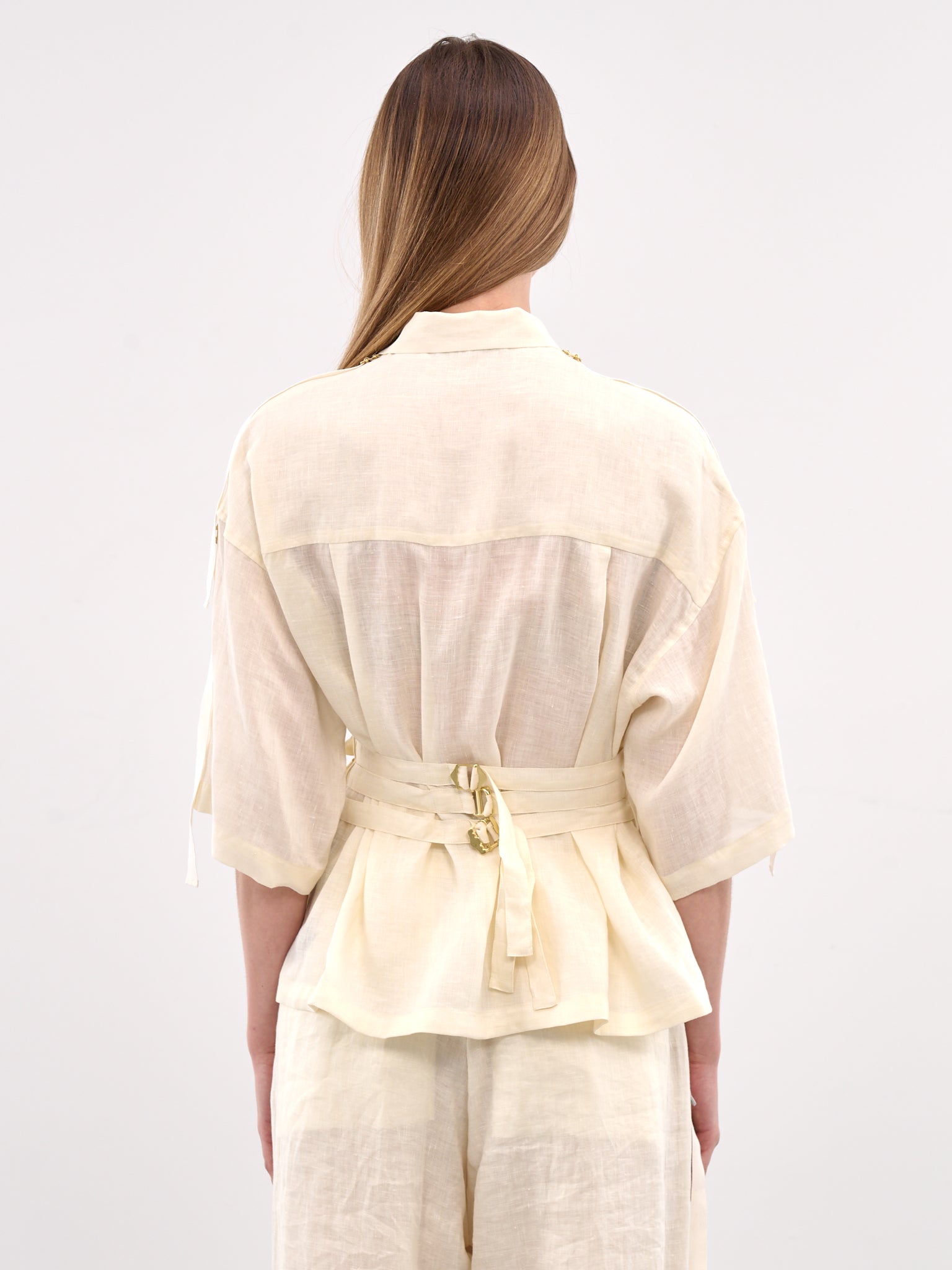 Cinch Strap Linen Blouse (UC1E1401-OFF-WHITE)
