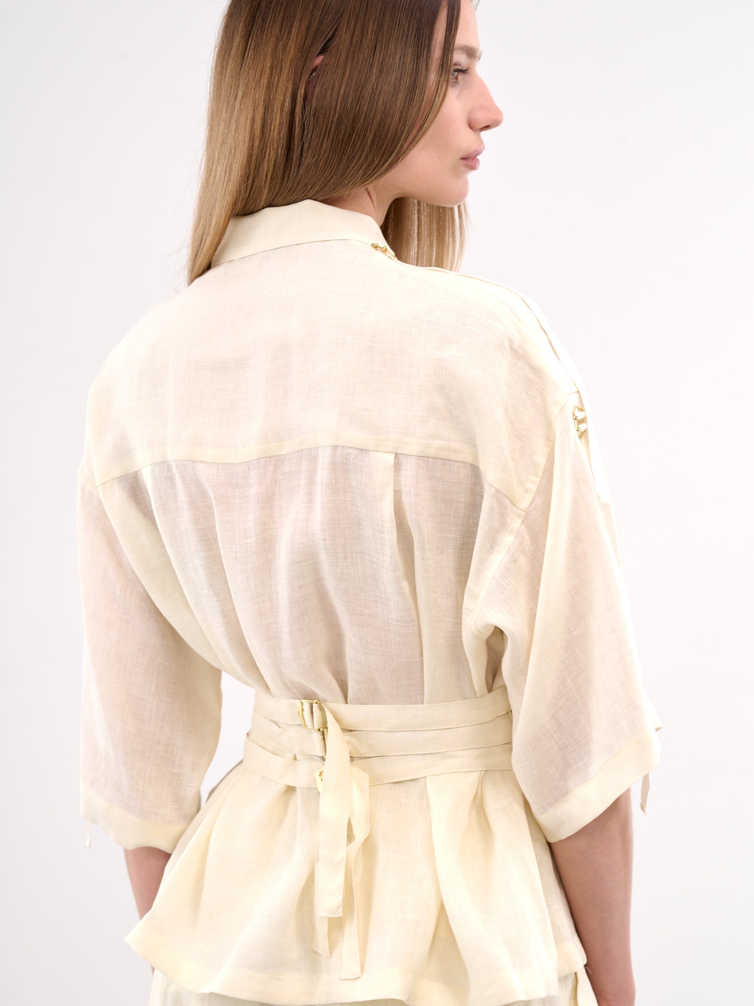 Cinch Strap Linen Blouse (UC1E1401-OFF-WHITE)