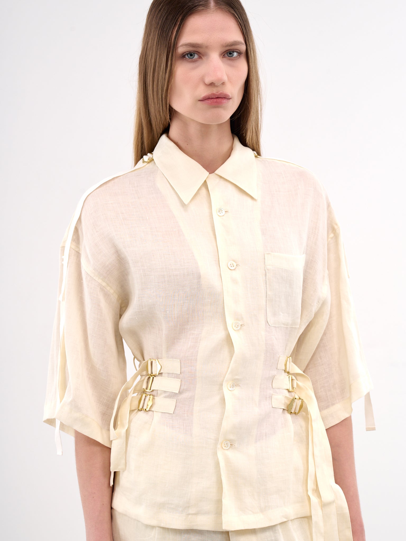 Cinch Strap Linen Blouse (UC1E1401-OFF-WHITE)