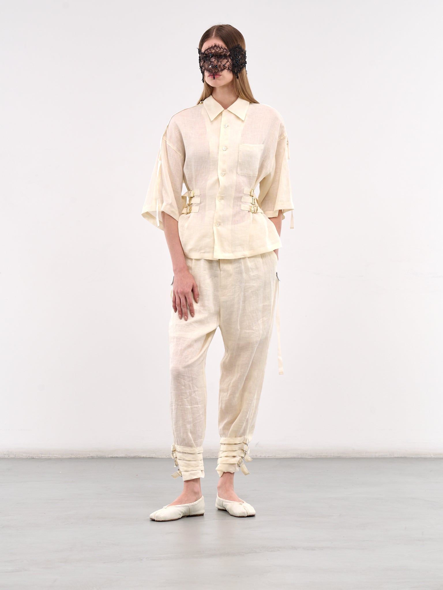 Cinch Strap Linen Blouse (UC1E1401-OFF-WHITE)
