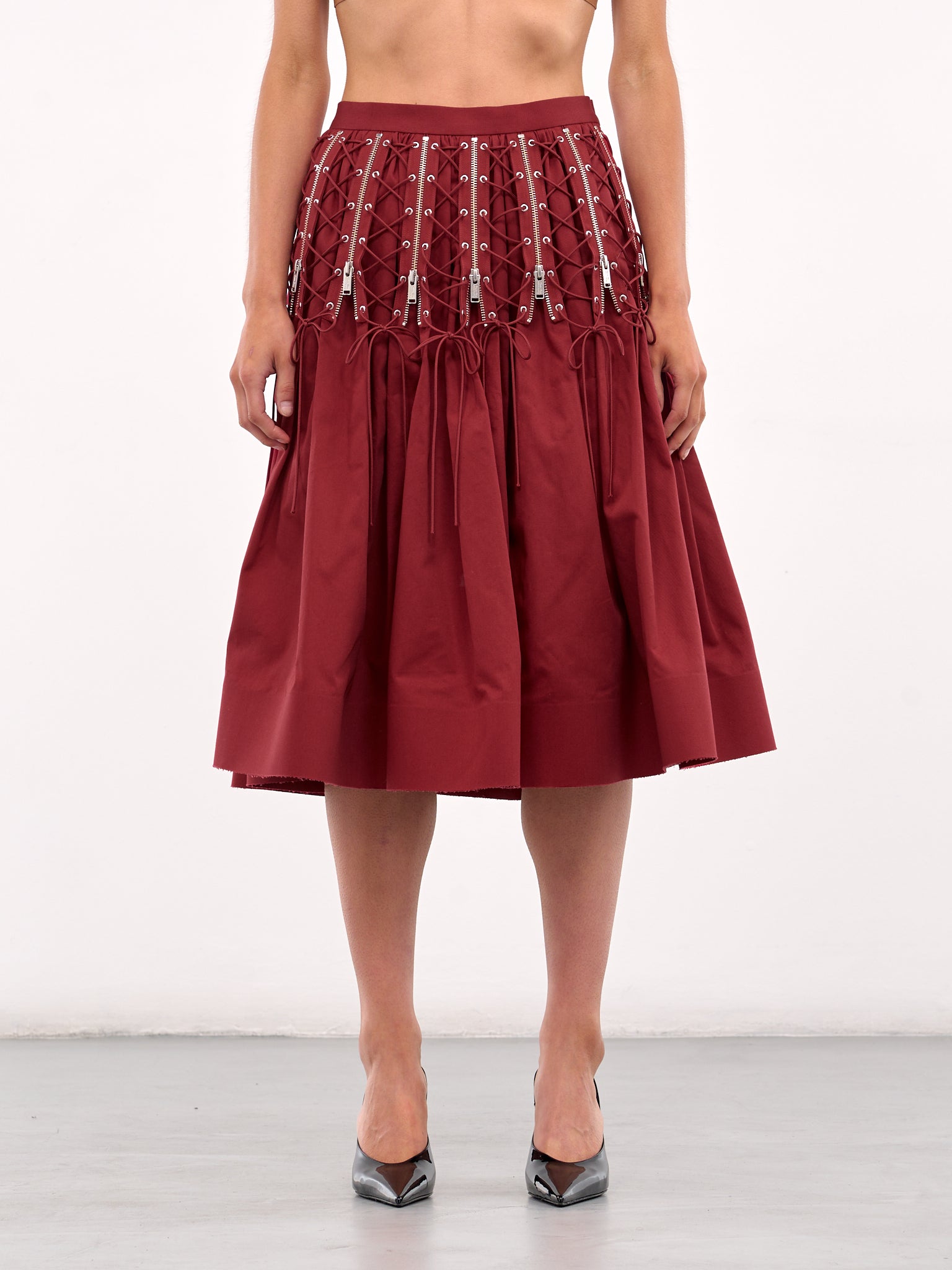 Zip & Lace-Up Midi Skirt (UC1E1603-DARK-RED)