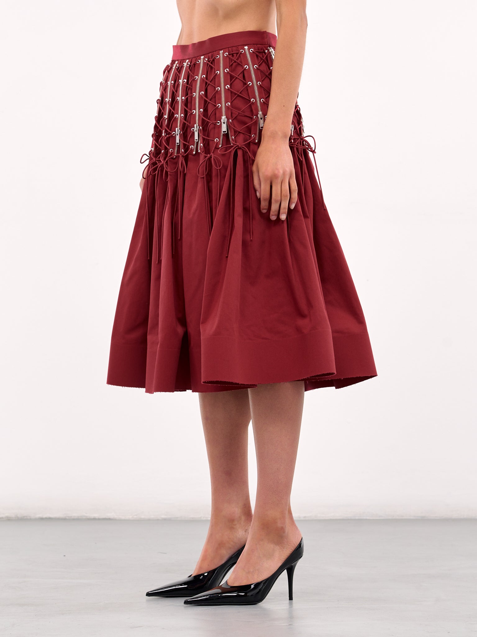 Zip & Lace-Up Midi Skirt (UC1E1603-DARK-RED)