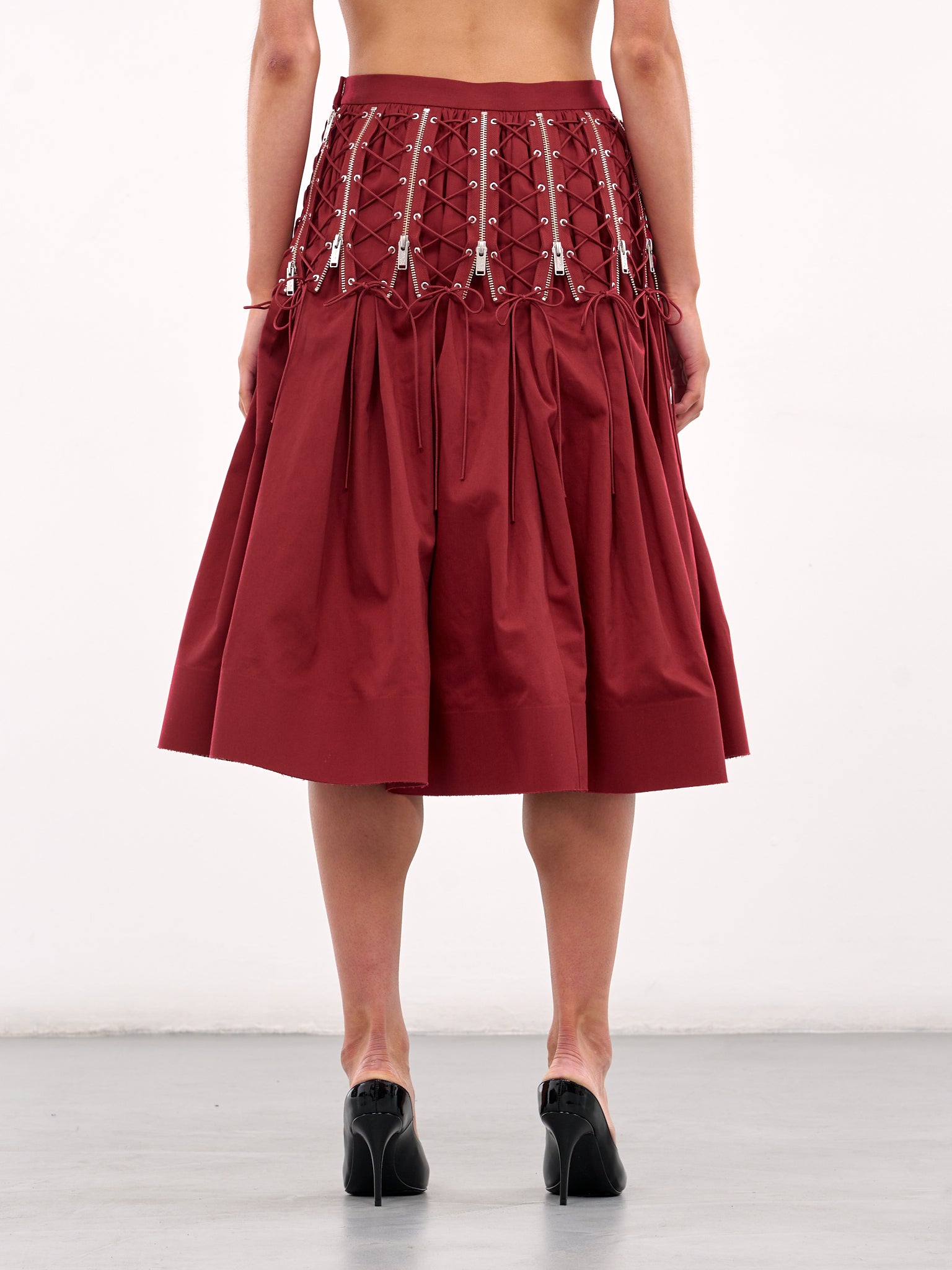 Zip & Lace-Up Midi Skirt (UC1E1603-DARK-RED)