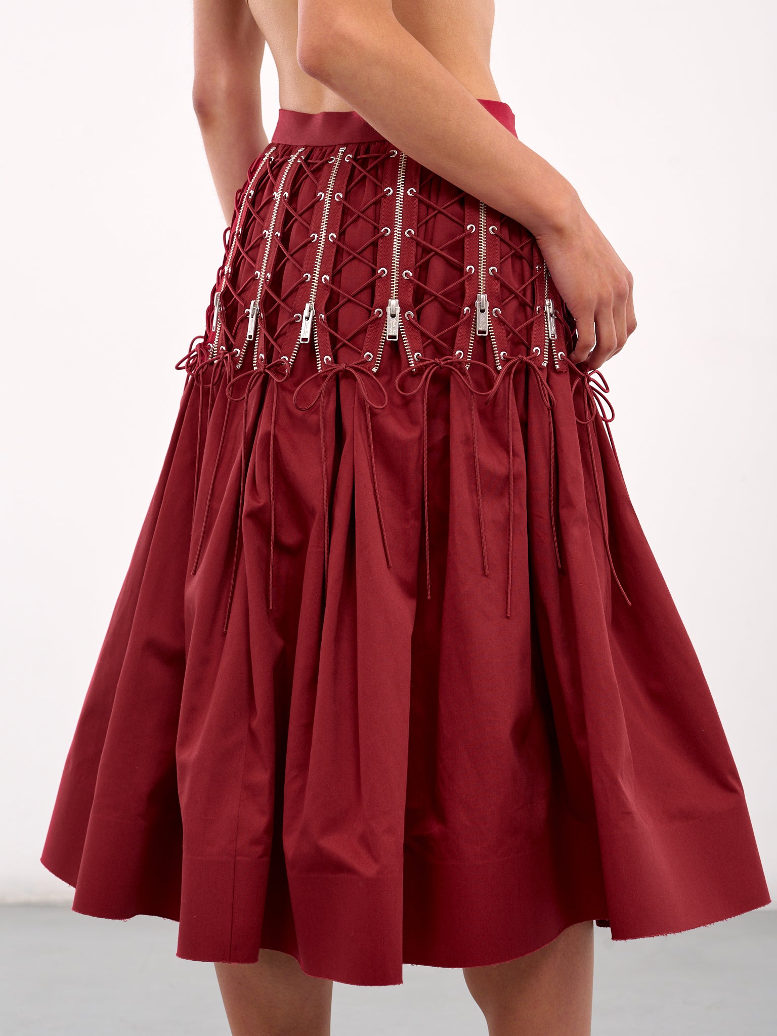 Zip & Lace-Up Midi Skirt (UC1E1603-DARK-RED)