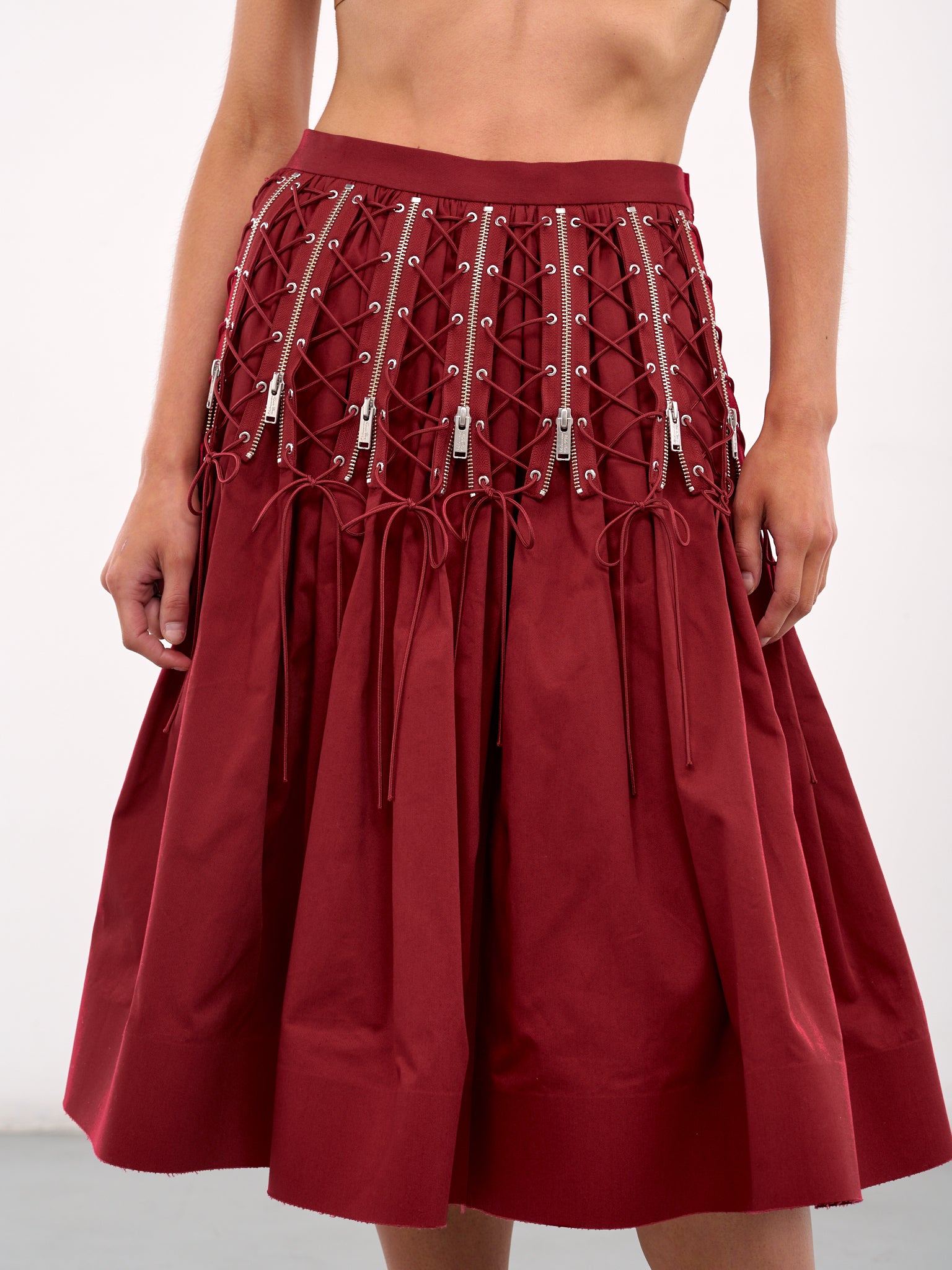 Zip & Lace-Up Midi Skirt (UC1E1603-DARK-RED)