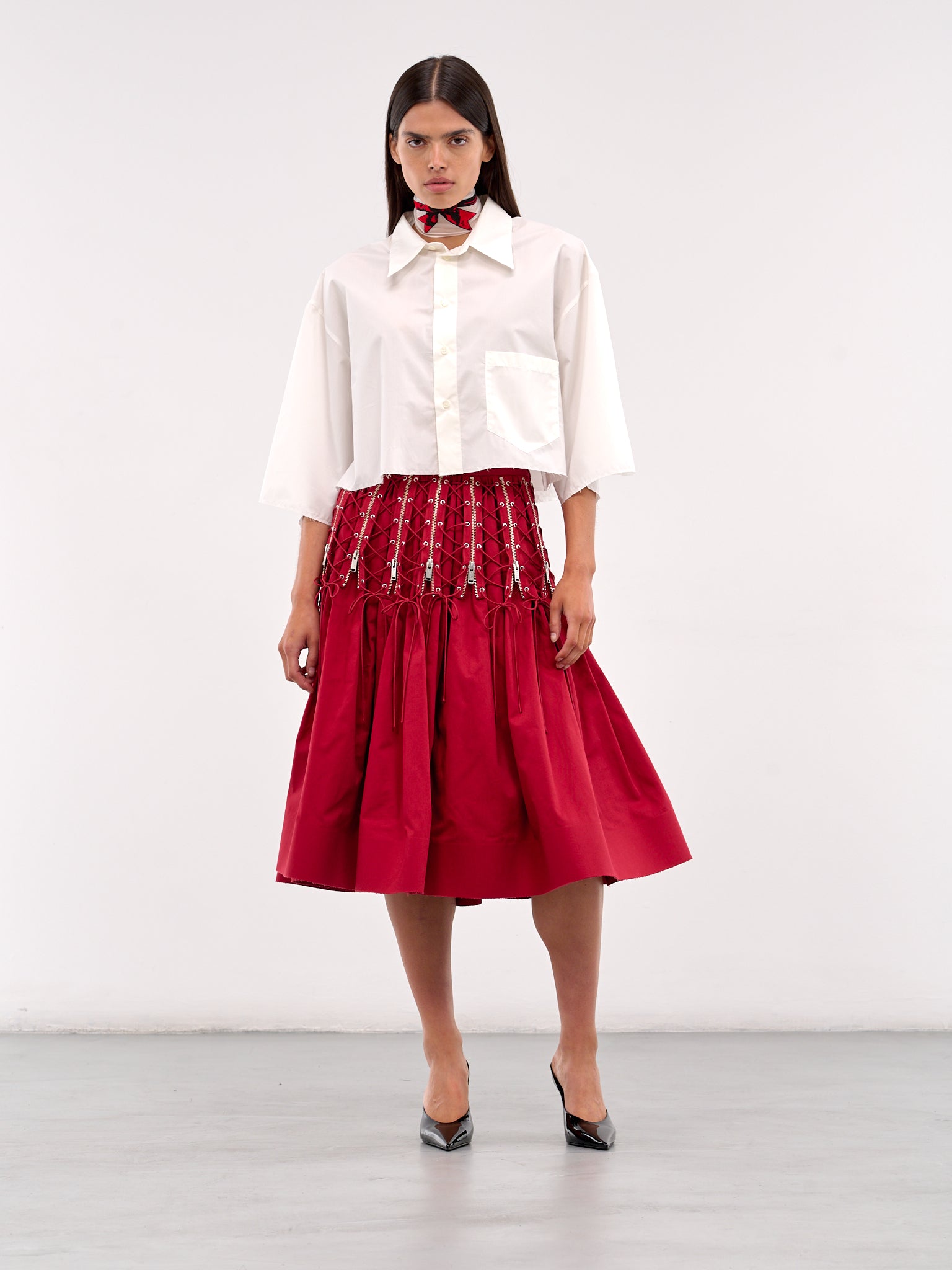Zip & Lace-Up Midi Skirt (UC1E1603-DARK-RED)