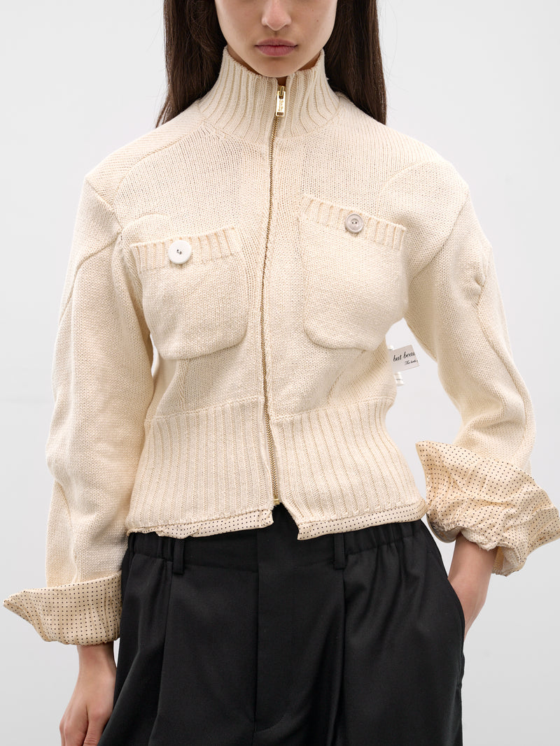 White Asymmetric Zip Cardigan (UC1F1903-OFF-WHITE)