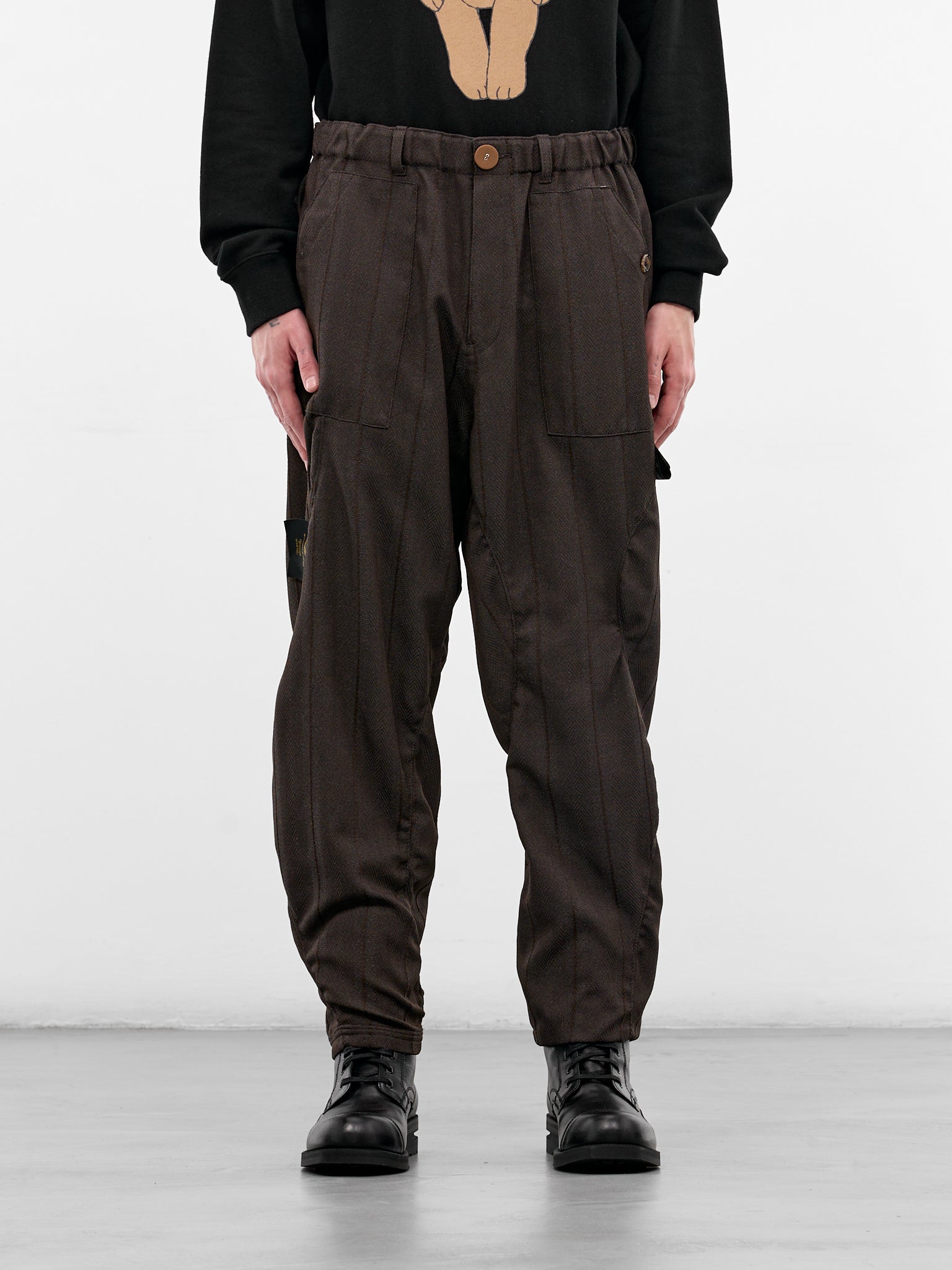 Brown Herringbone Elasticated Relaxed Trousers (UC1F4511-2-BROWN-ST)