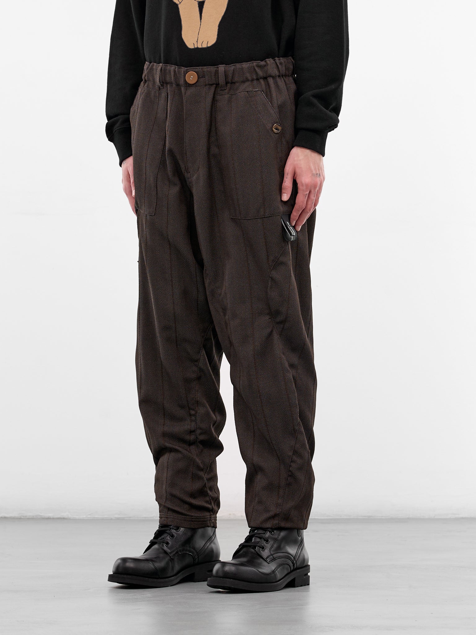 Brown Herringbone Elasticated Relaxed Trousers (UC1F4511-2-BROWN-ST)