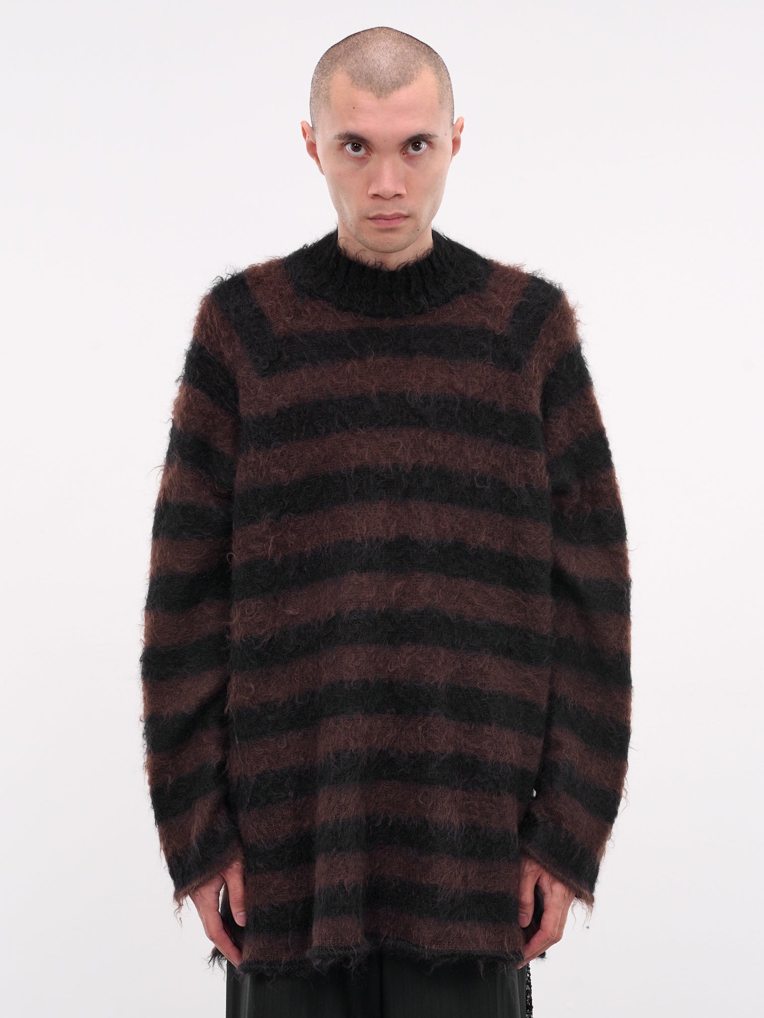 Mohair Striped Knit Sweater (UC2E4904-1-BLACK-BORDER)