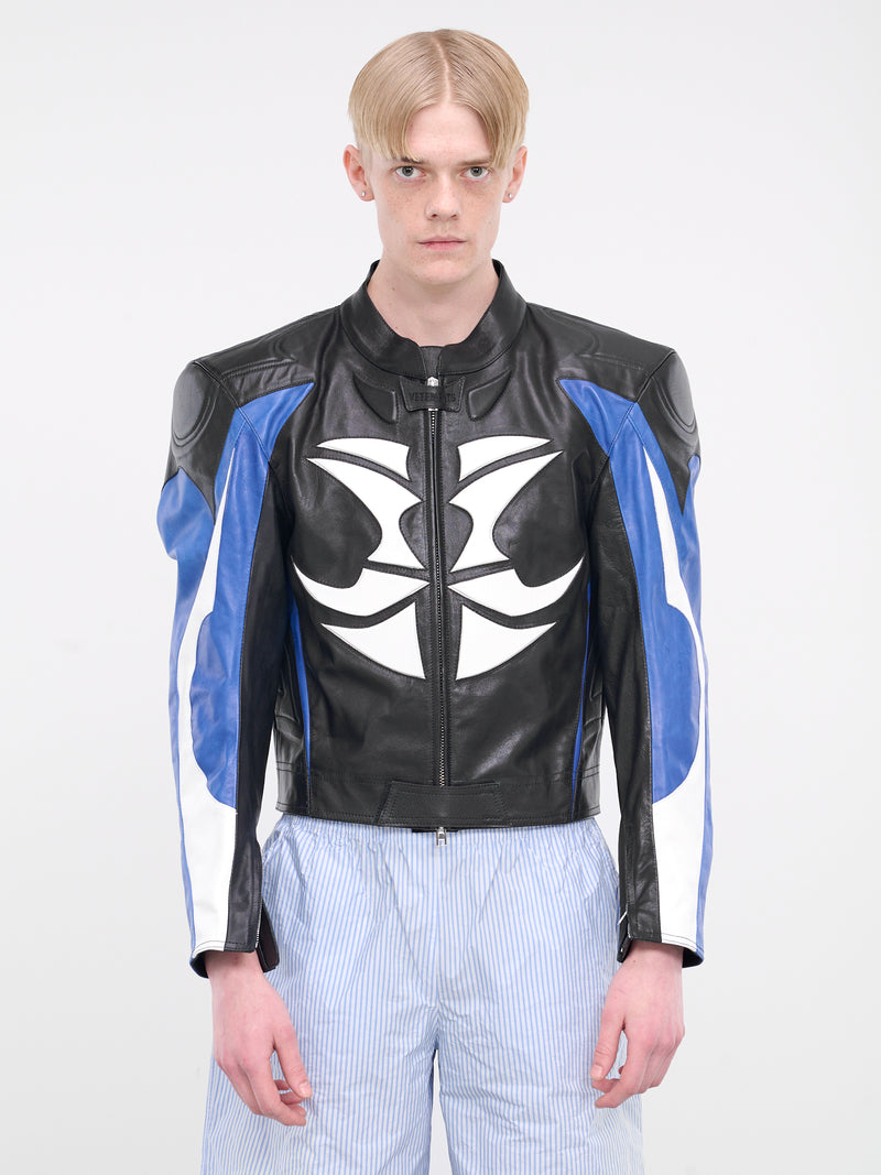 Tribal Leather Racing Jacket (UE64JA315N-BLACK-BLUE-WHITE)