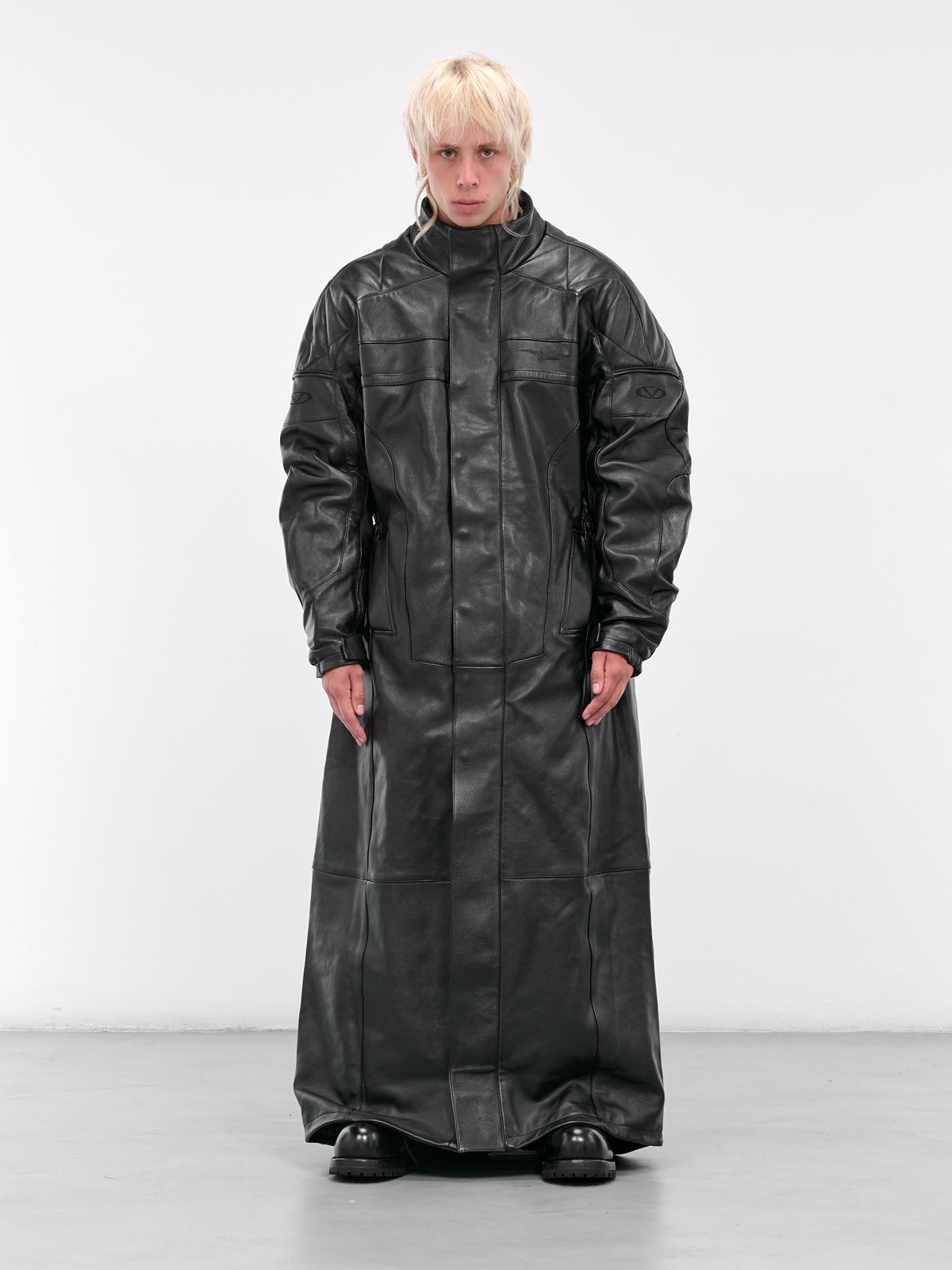 Black Leather Long Moto Coat (UH76LC990B-BLACKOUT)