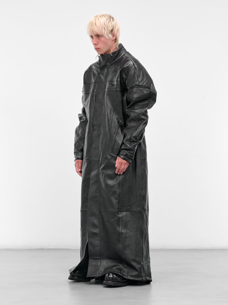 Black Leather Long Moto Coat (UH76LC990B-BLACKOUT)