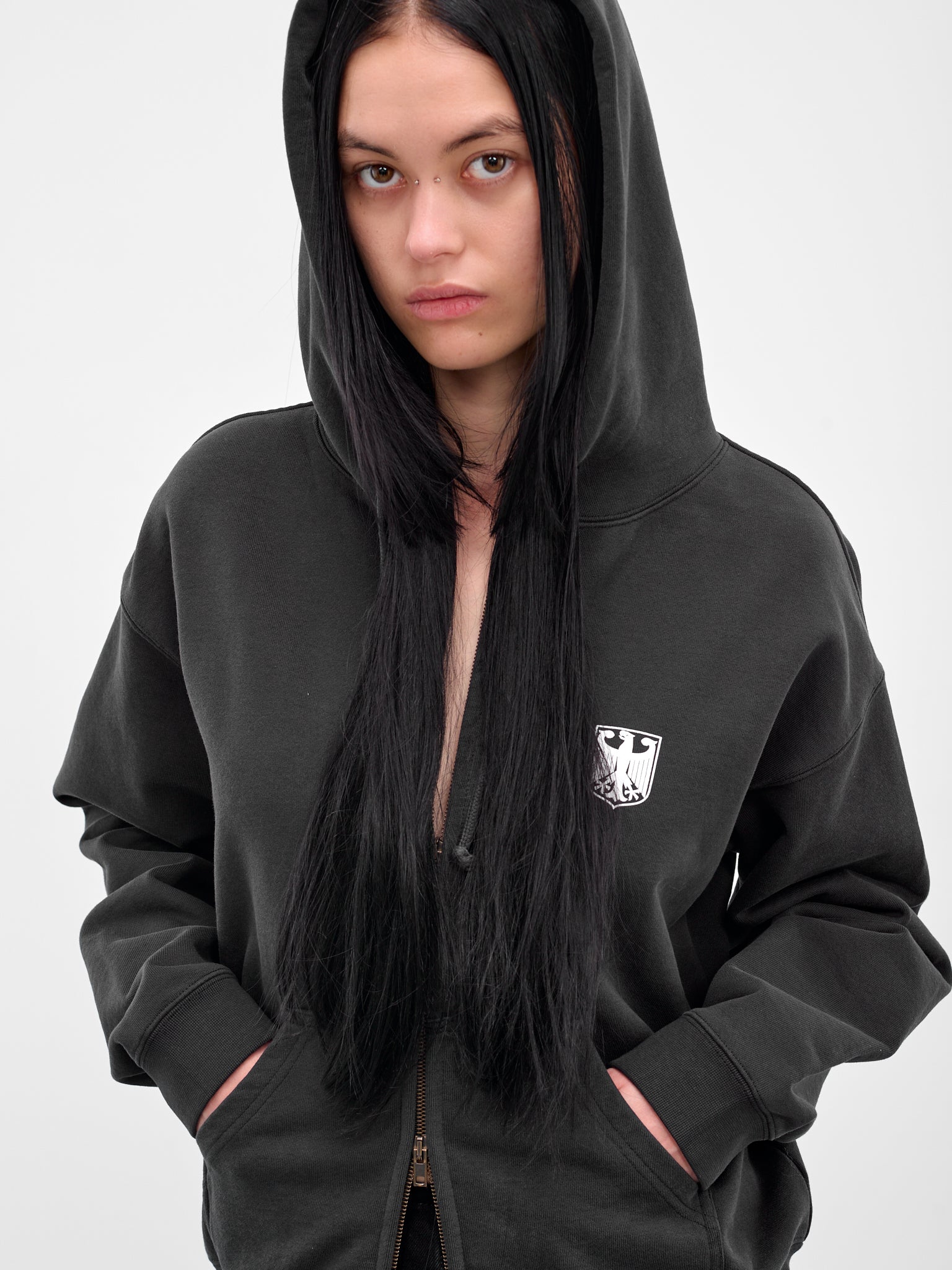 Black Polizei Zip-Up Hoodie (UH76ZU330B-WASHED-BLACK)