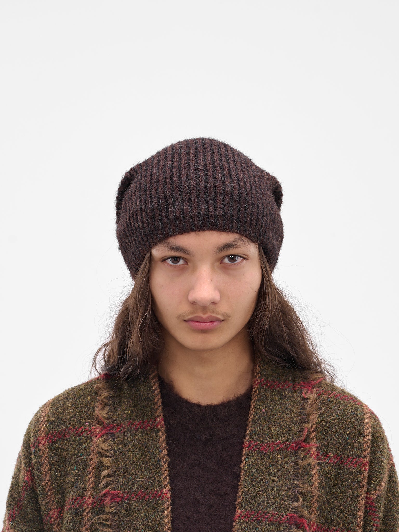 Brown Rib-Knit Alpaca Soft Beanie (UK0081-UW069-BROWN-BLACK)