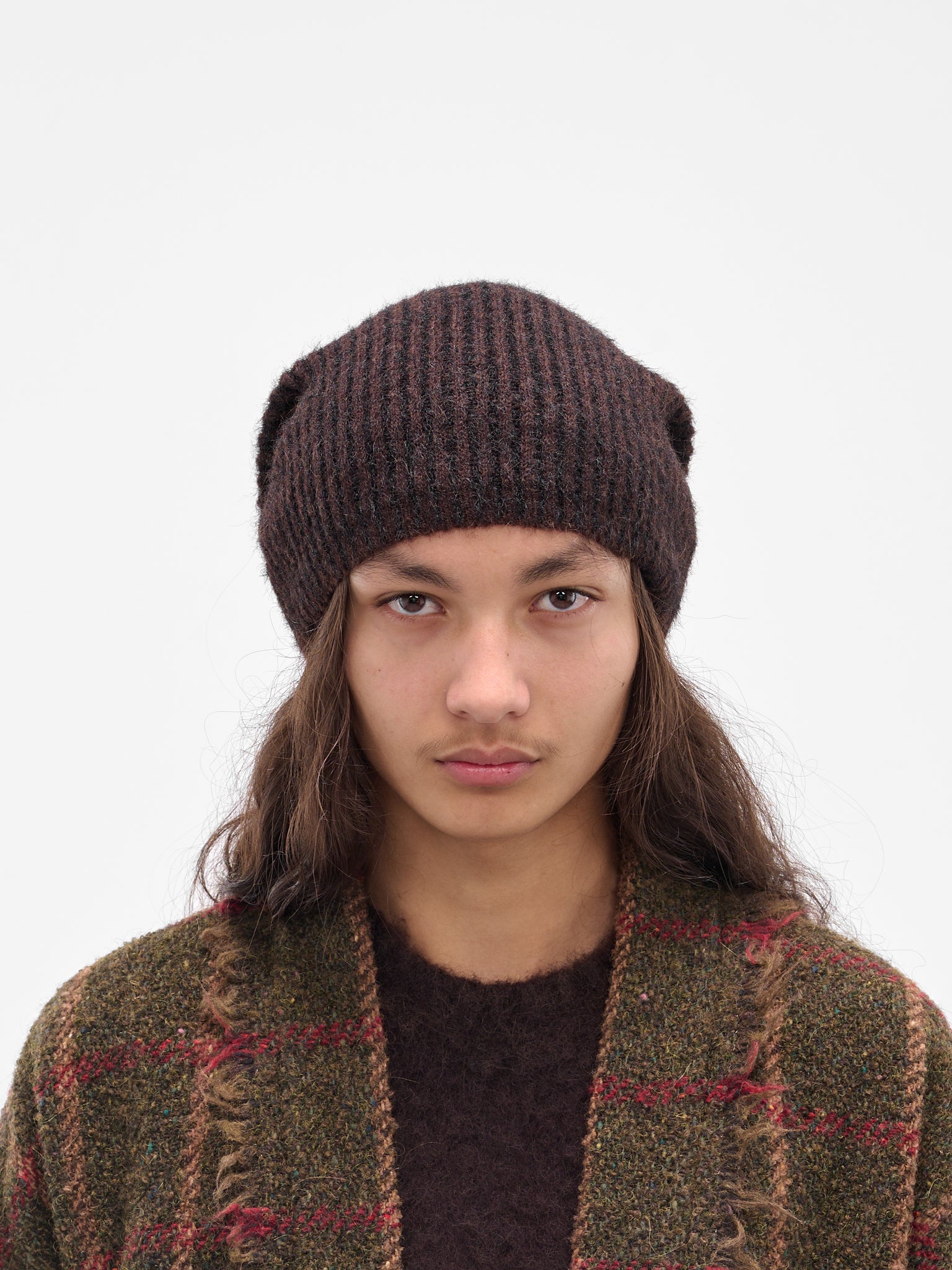 Brown Rib-Knit Alpaca Soft Beanie (UK0081-UW069-BROWN-BLACK)