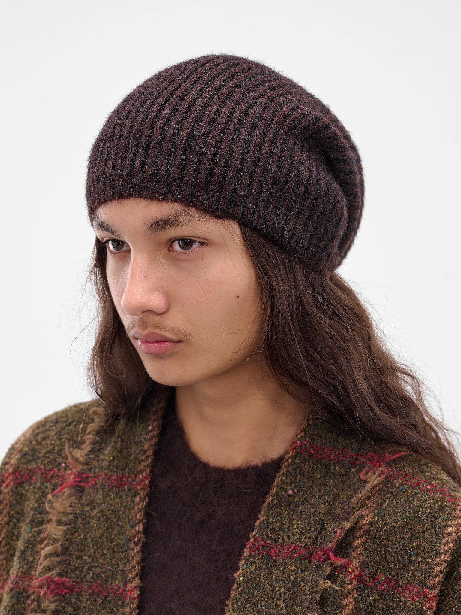 Brown Rib-Knit Alpaca Soft Beanie (UK0081-UW069-BROWN-BLACK)