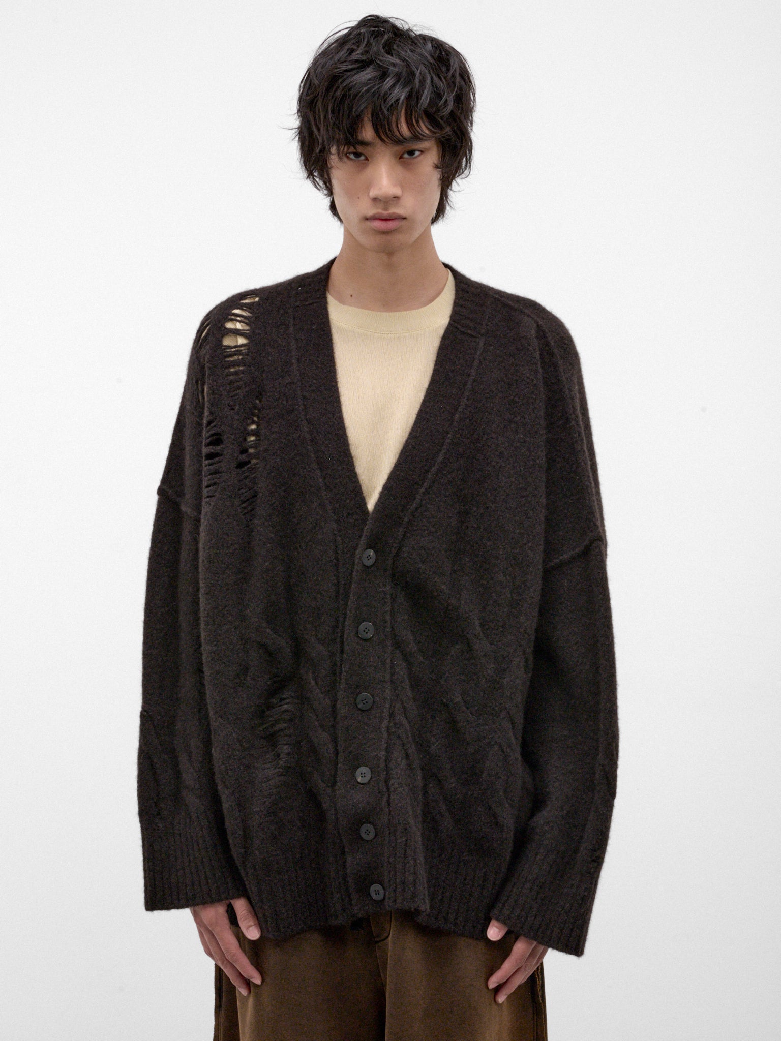 Brown Wool-Yak Distressed Cardigan (UK02F26-BROWN)
