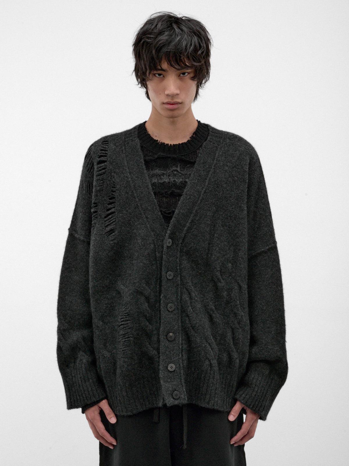 Graphite Wool-Yak Distressed Cardigan (UK02F26-GRAPHITE)
