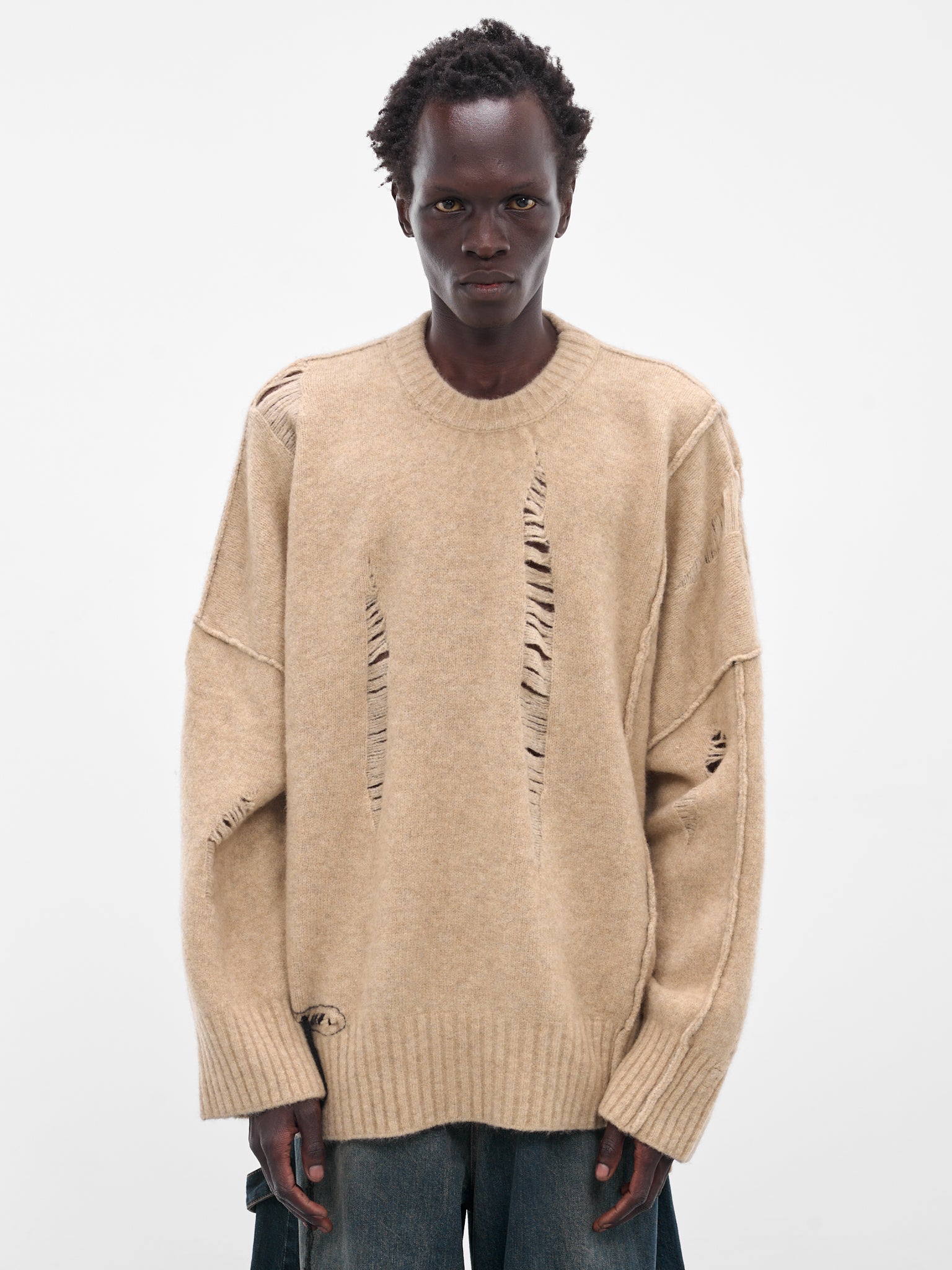 Beige Distressed Knit Sweater (UK04F25-NATURAL)