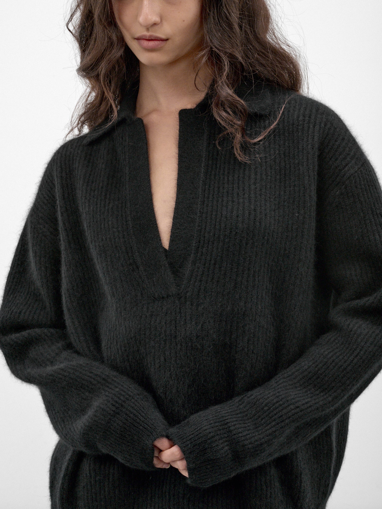 Black V-Neck Rib-Knit Sweater (UK7165-UW900-BLACK)
