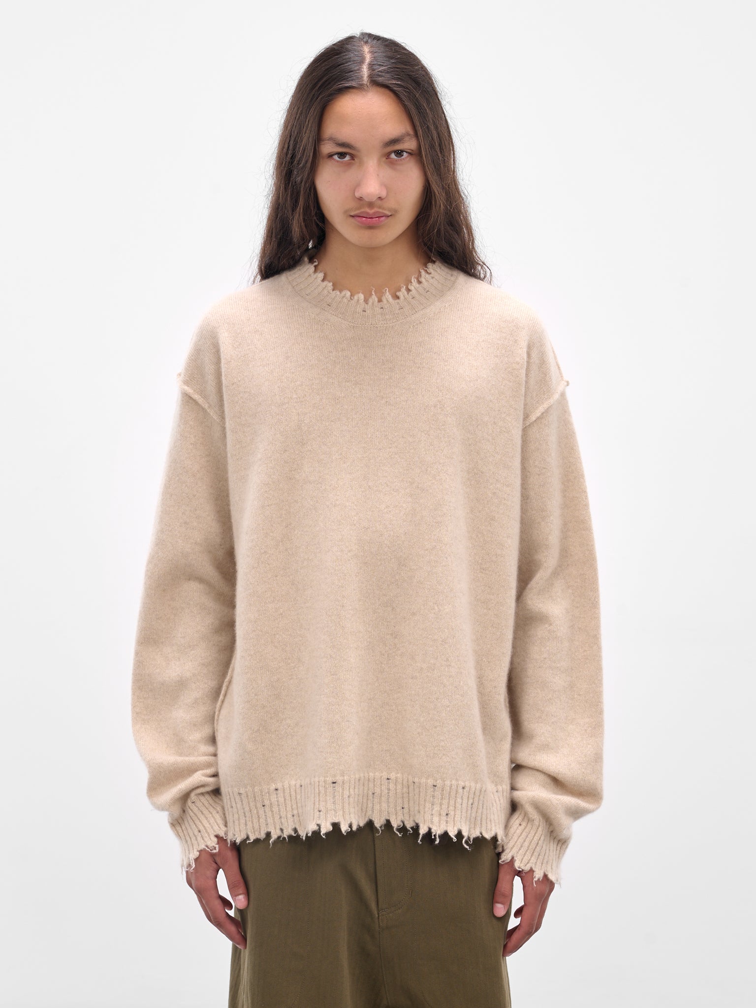 Beige Cashmere Distressed Crewneck Sweater (UK7555-UW200-TAN)