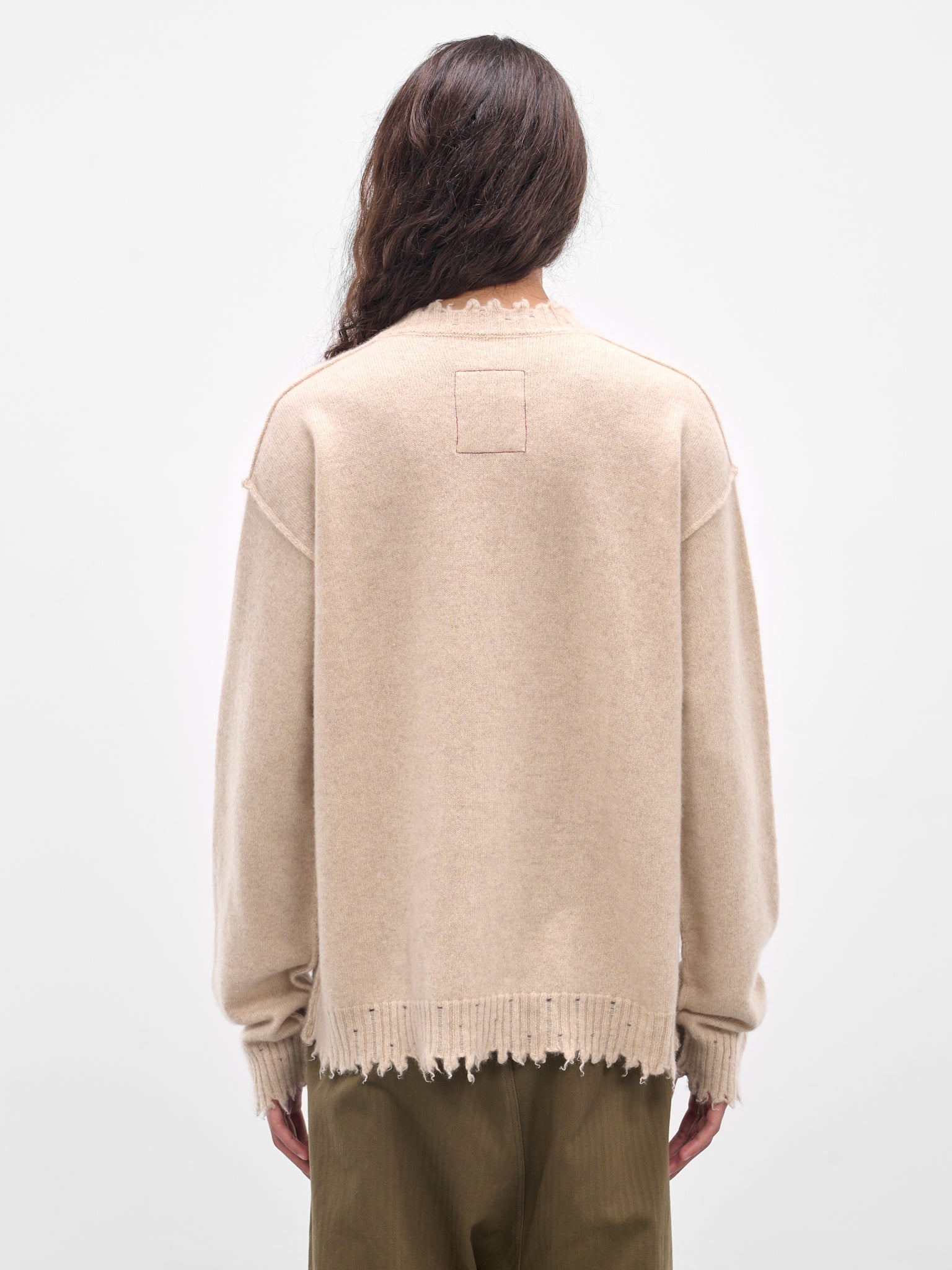 Beige Cashmere Distressed Crewneck Sweater (UK7555-UW200-TAN)