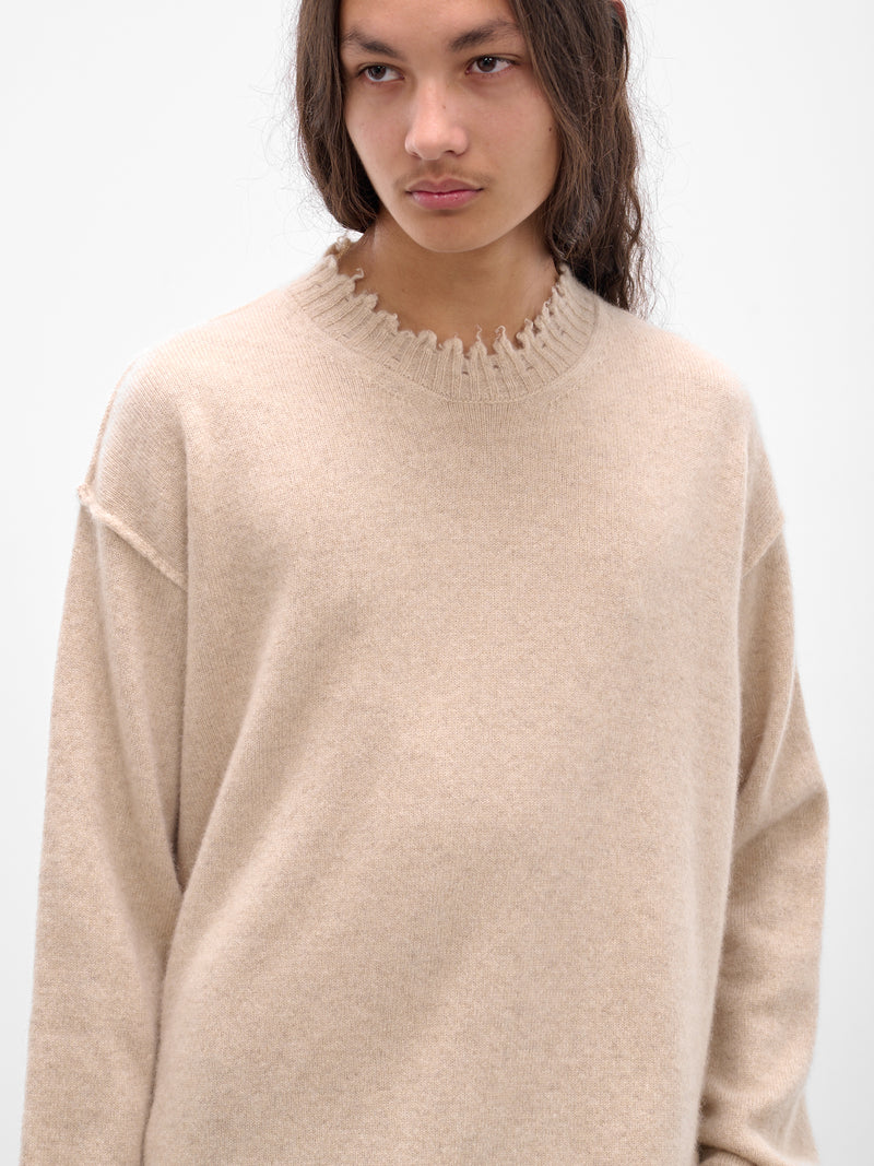 Beige Cashmere Distressed Crewneck Sweater (UK7555-UW200-TAN)