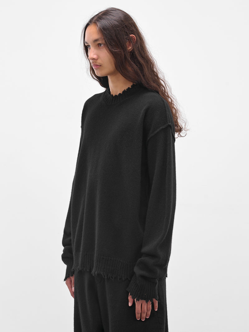 Black Cashmere Distressed Crewneck Sweater (UK7555-UW900-BLACK)