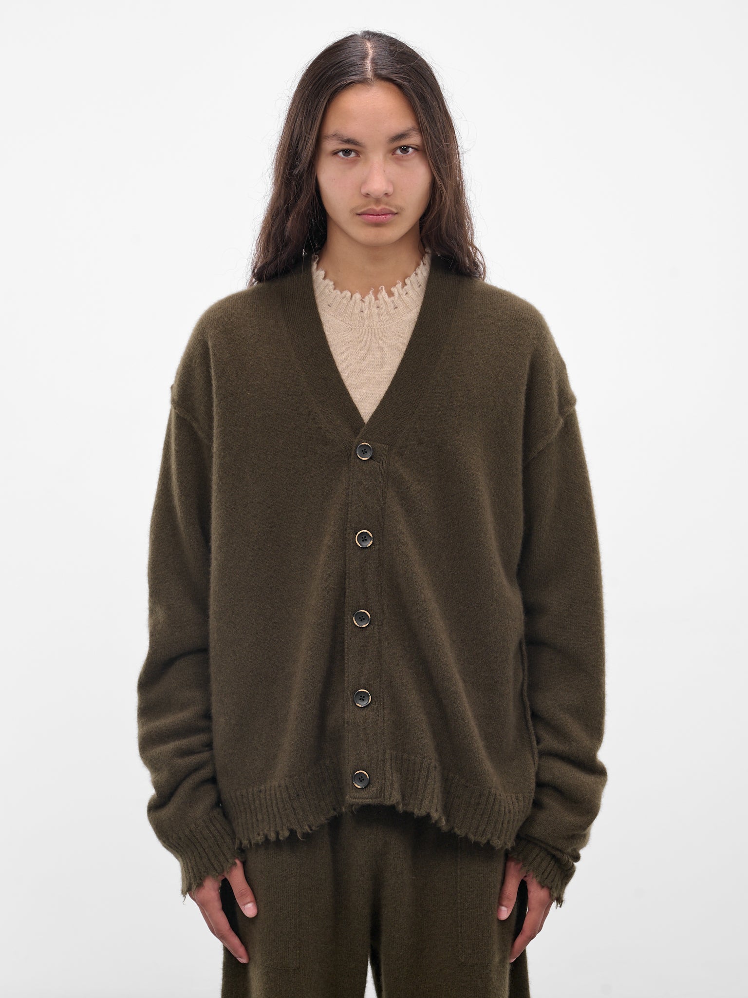 Green Cashmere Distressed Knit Cardigan (UK7557-UW480-ARMY-GREEN)