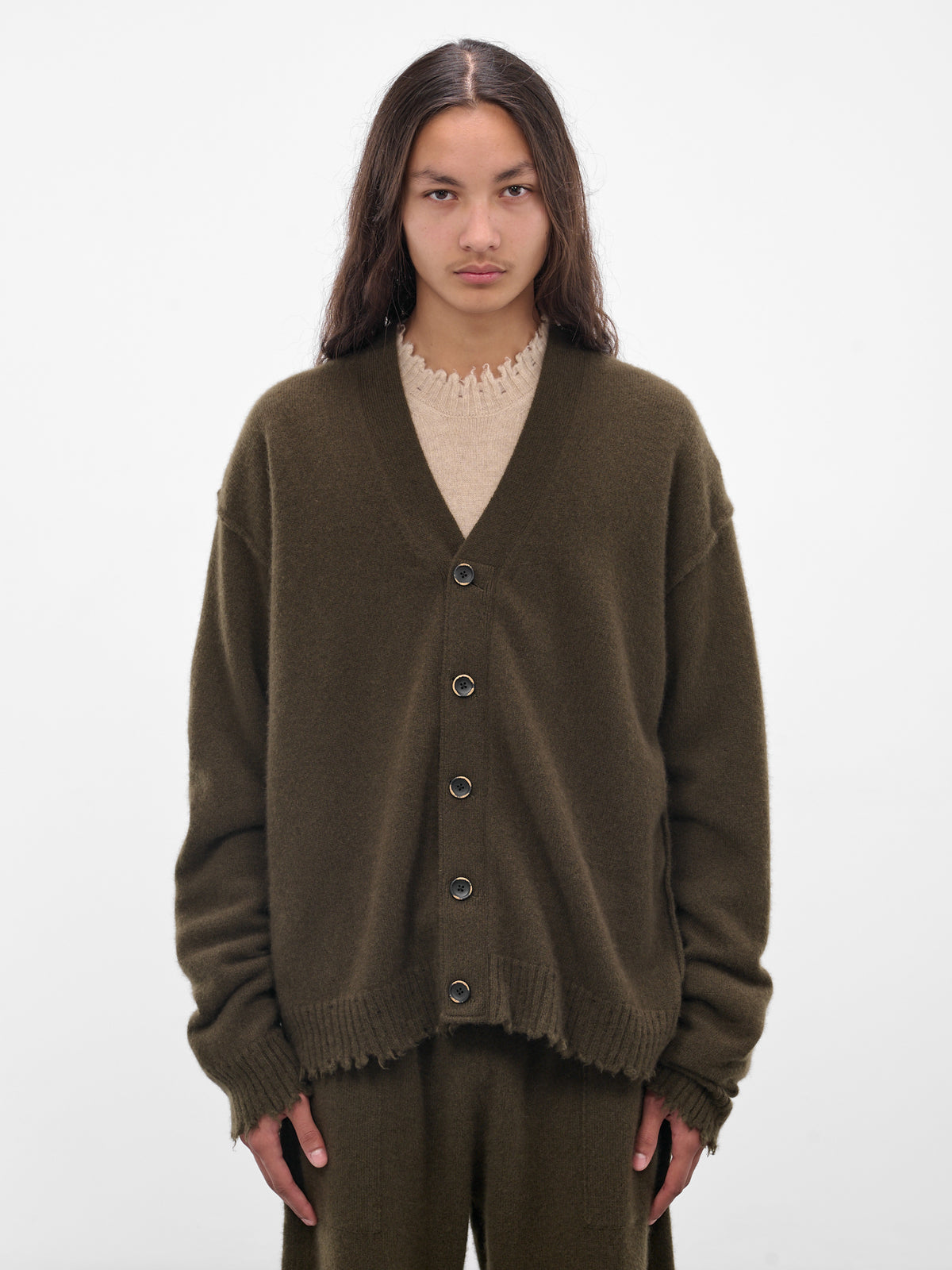 Green Cashmere Distressed Knit Cardigan (UK7557-UW480-ARMY-GREEN)