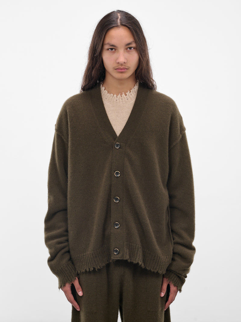 Green Cashmere Distressed Knit Cardigan (UK7557-UW480-ARMY-GREEN)
