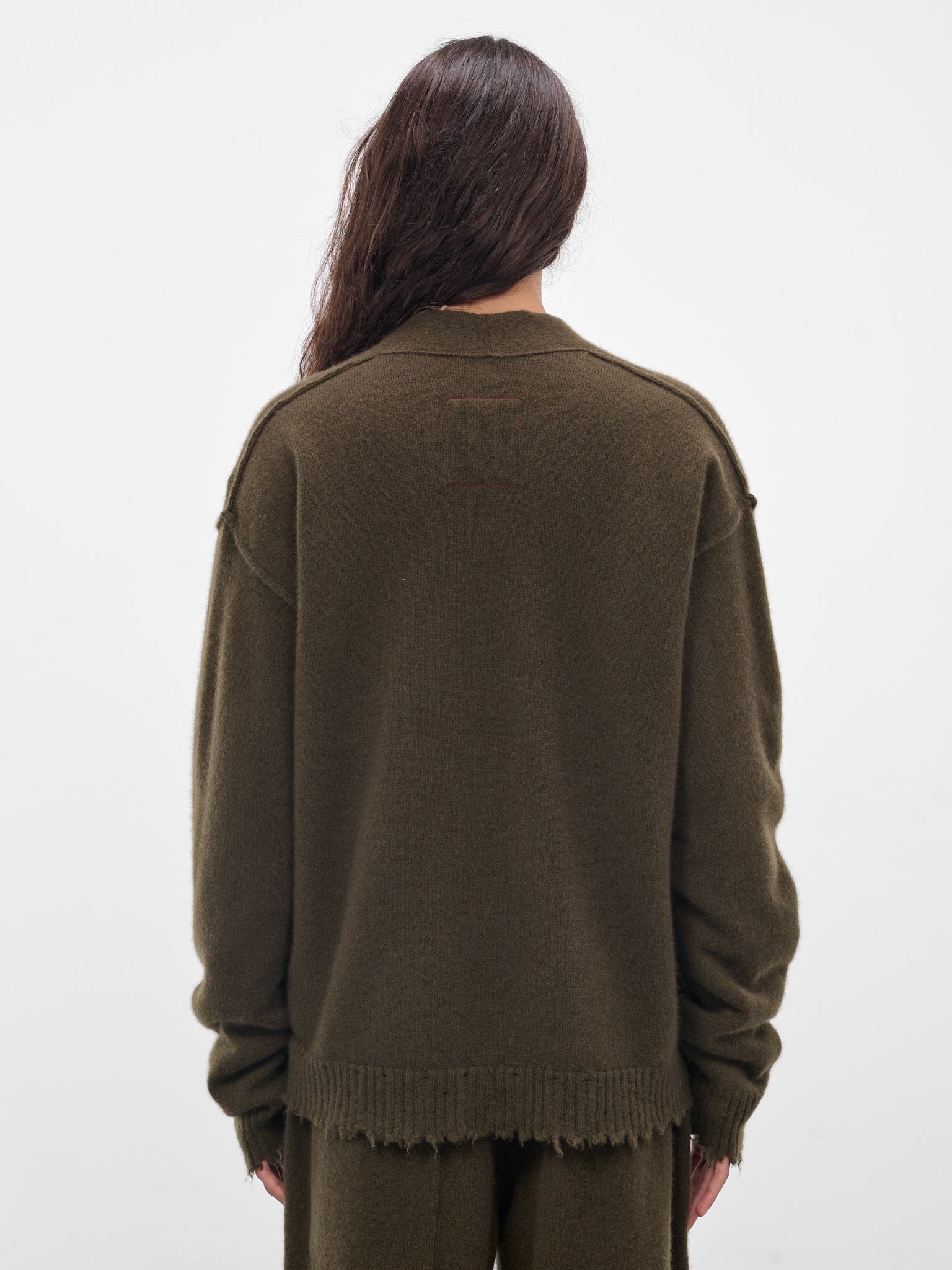 Green Cashmere Distressed Knit Cardigan (UK7557-UW480-ARMY-GREEN)
